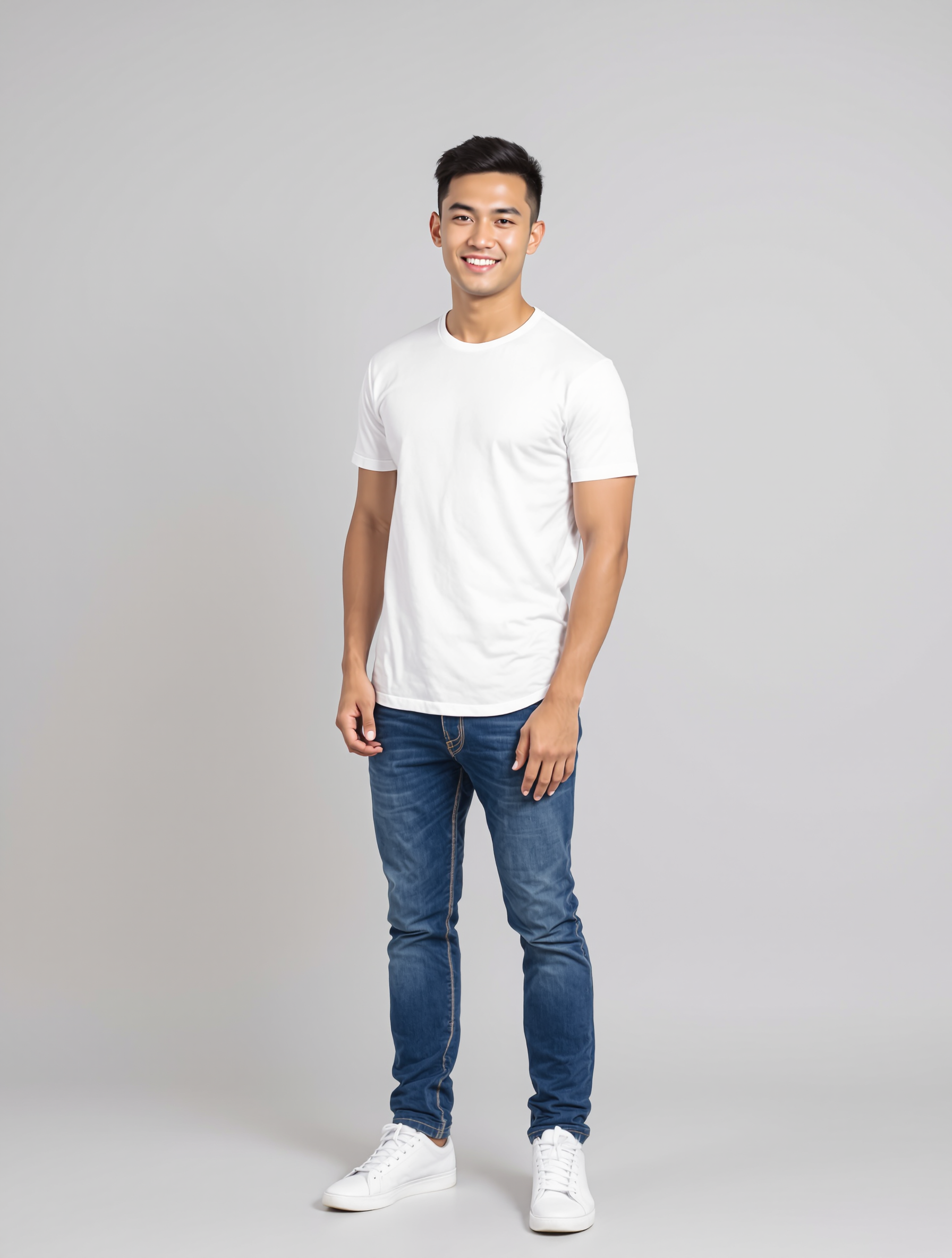 Person in white t-shirt and dark jeans standing against gray background