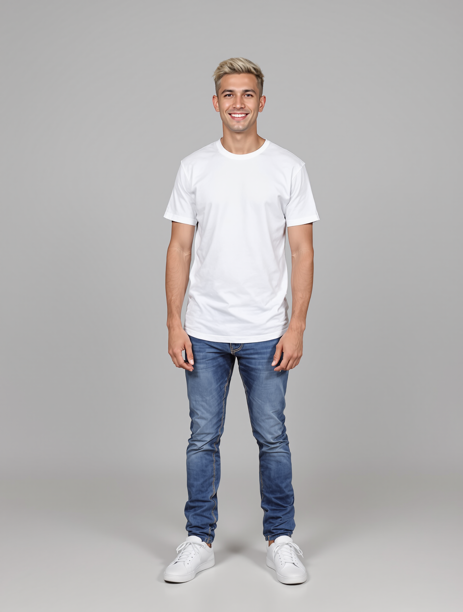 Man in white tee and blue jeans smiling at camera
