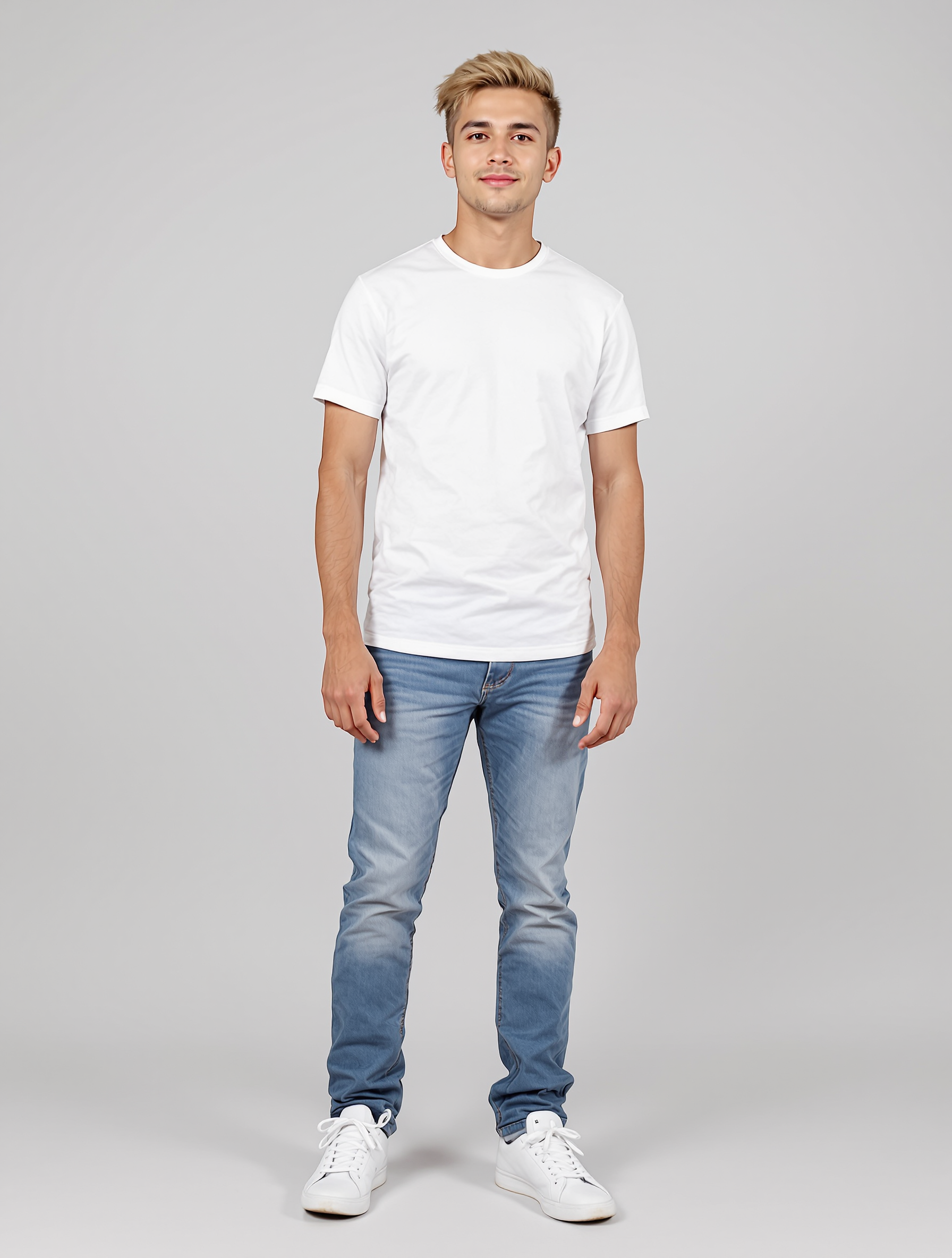 Person in white t-shirt and blue jeans standing pose