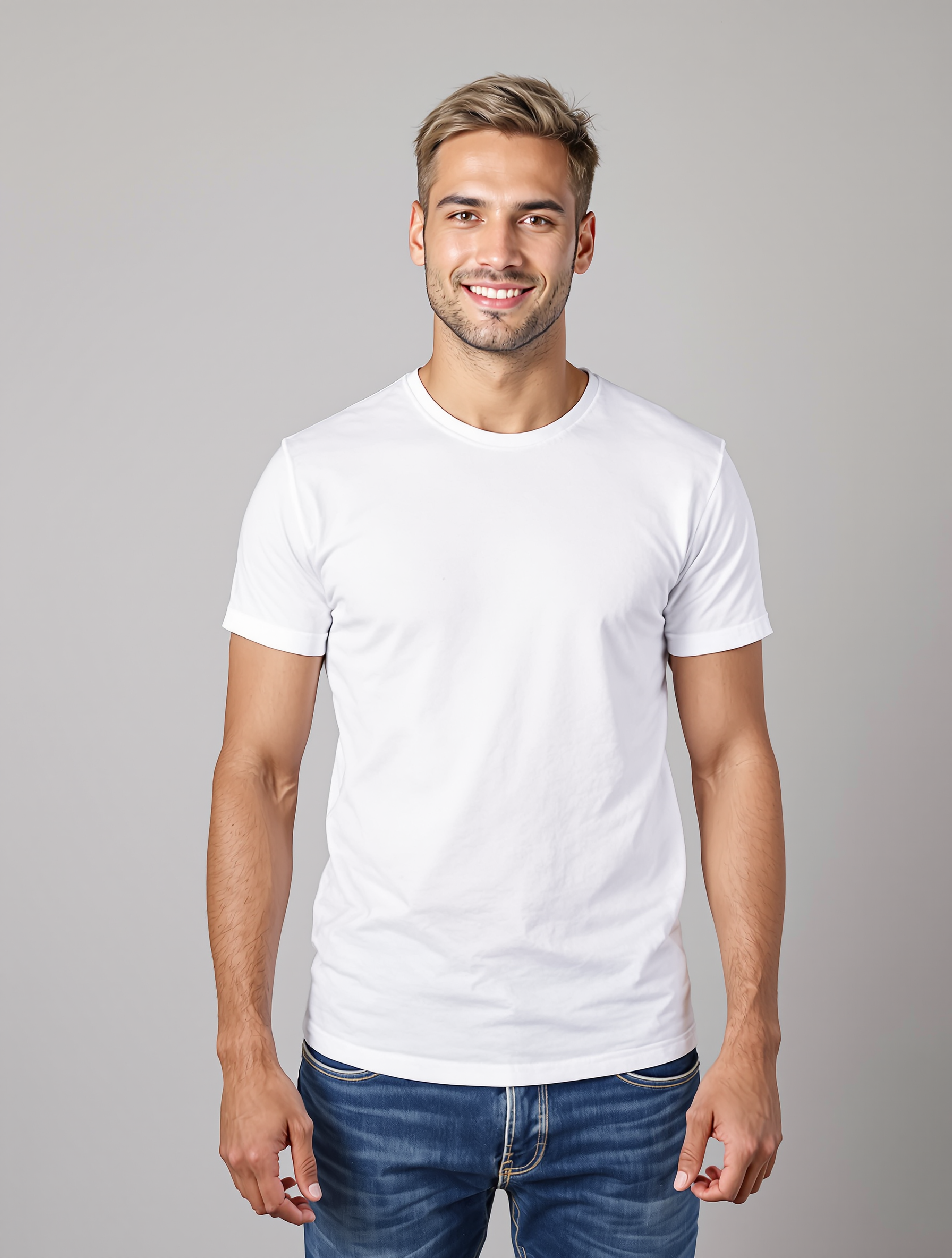 Man in white crew neck t-shirt and dark jeans smiling