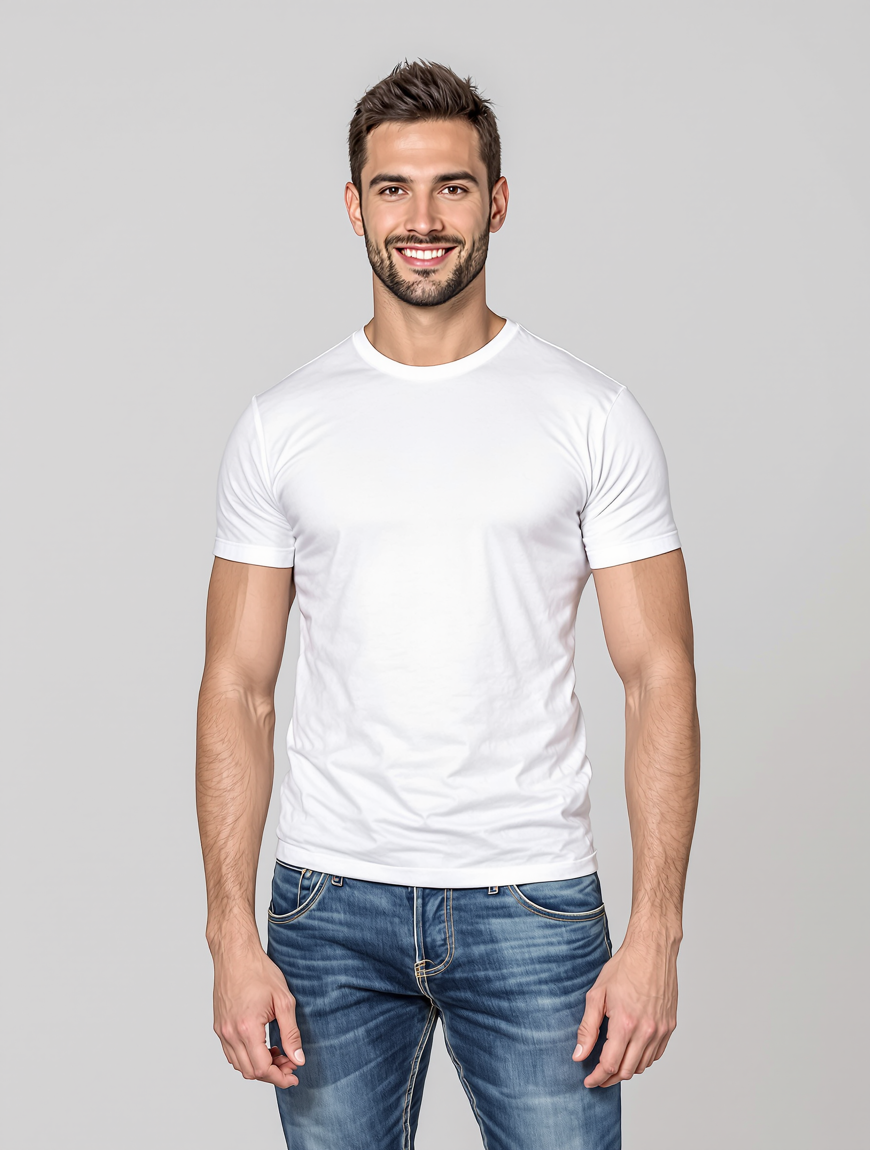 Man in white crewneck t-shirt and blue jeans smiling at camera