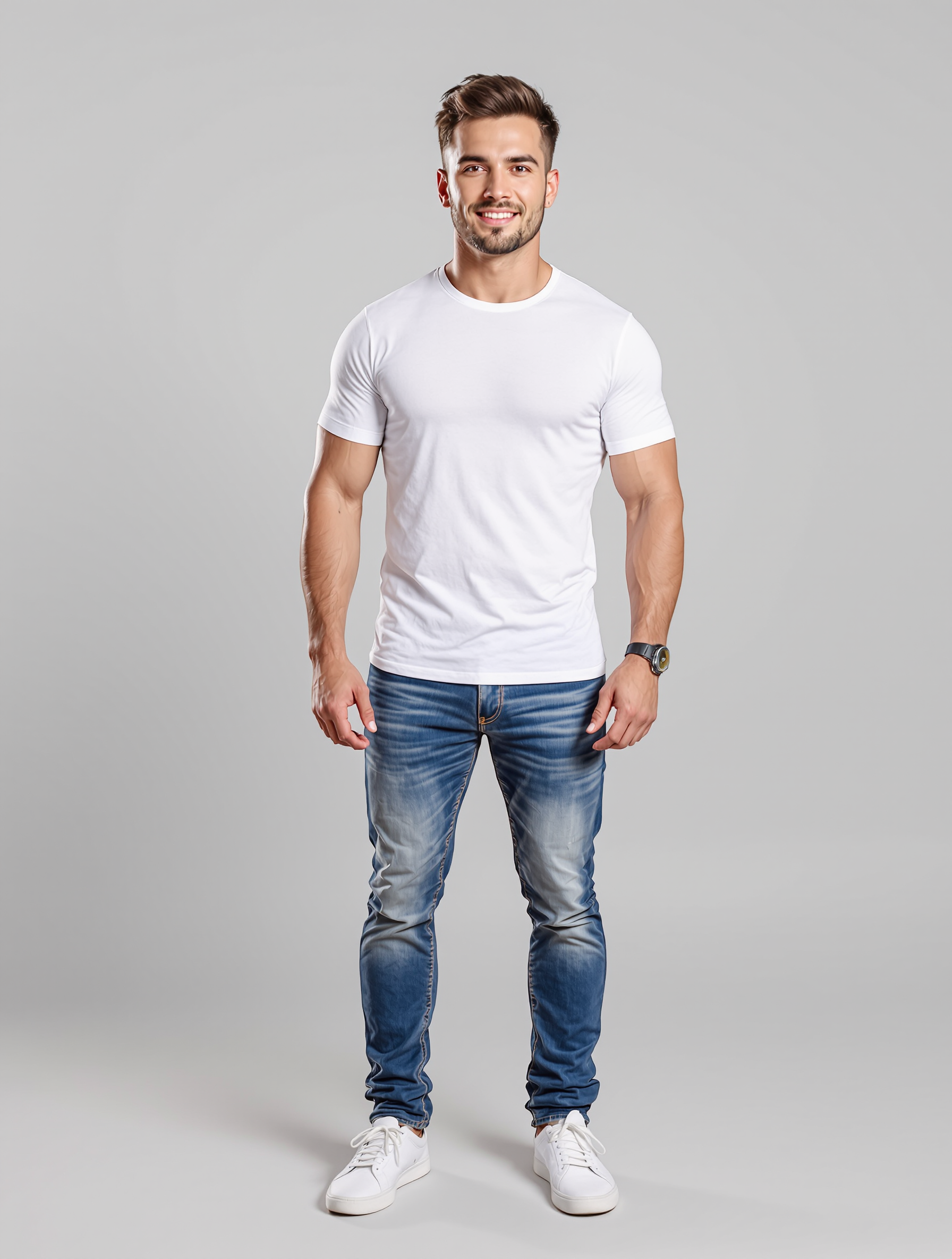 Man in white tee shirt and blue jeans standing full length
