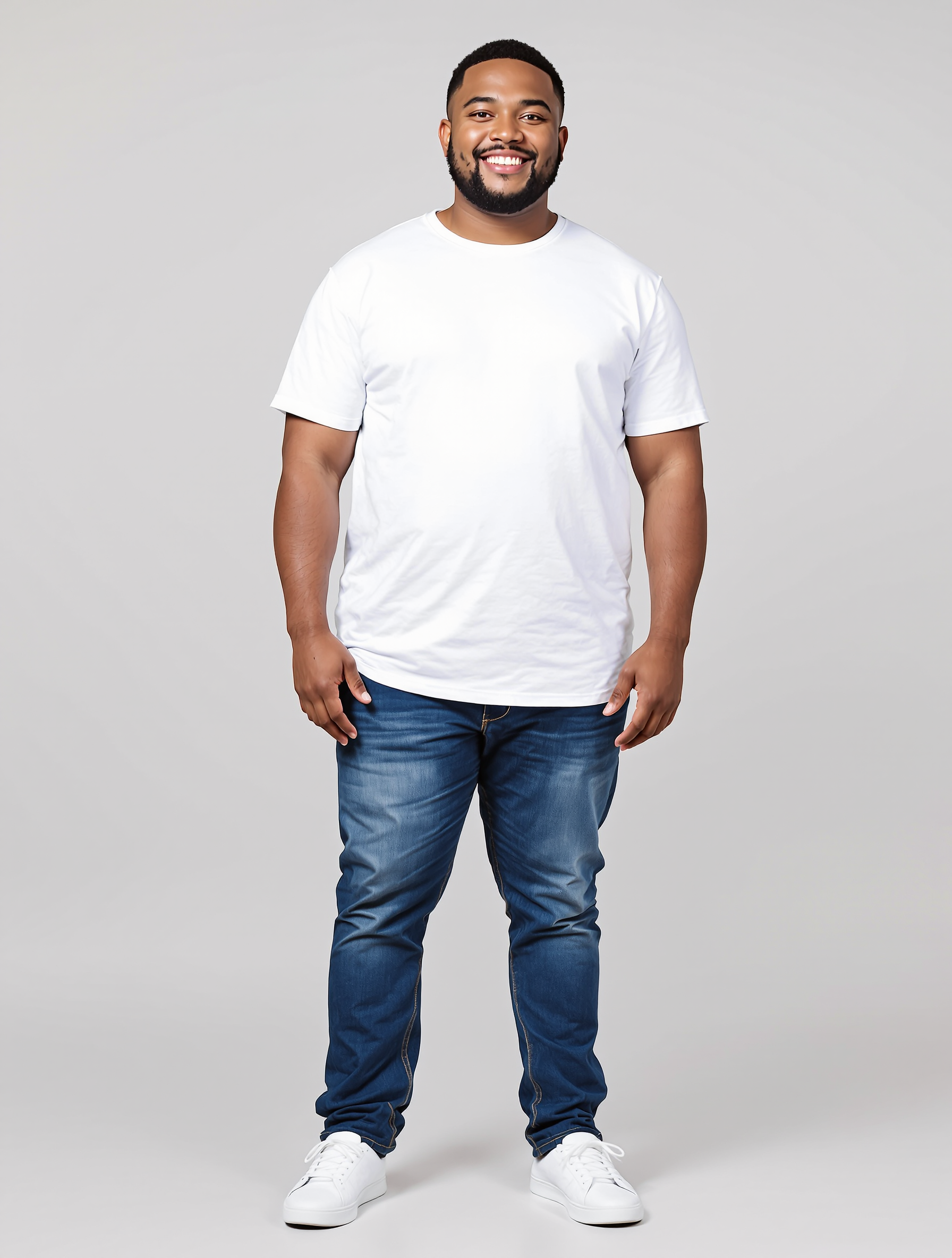 Man in white t-shirt and dark jeans smiling at camera