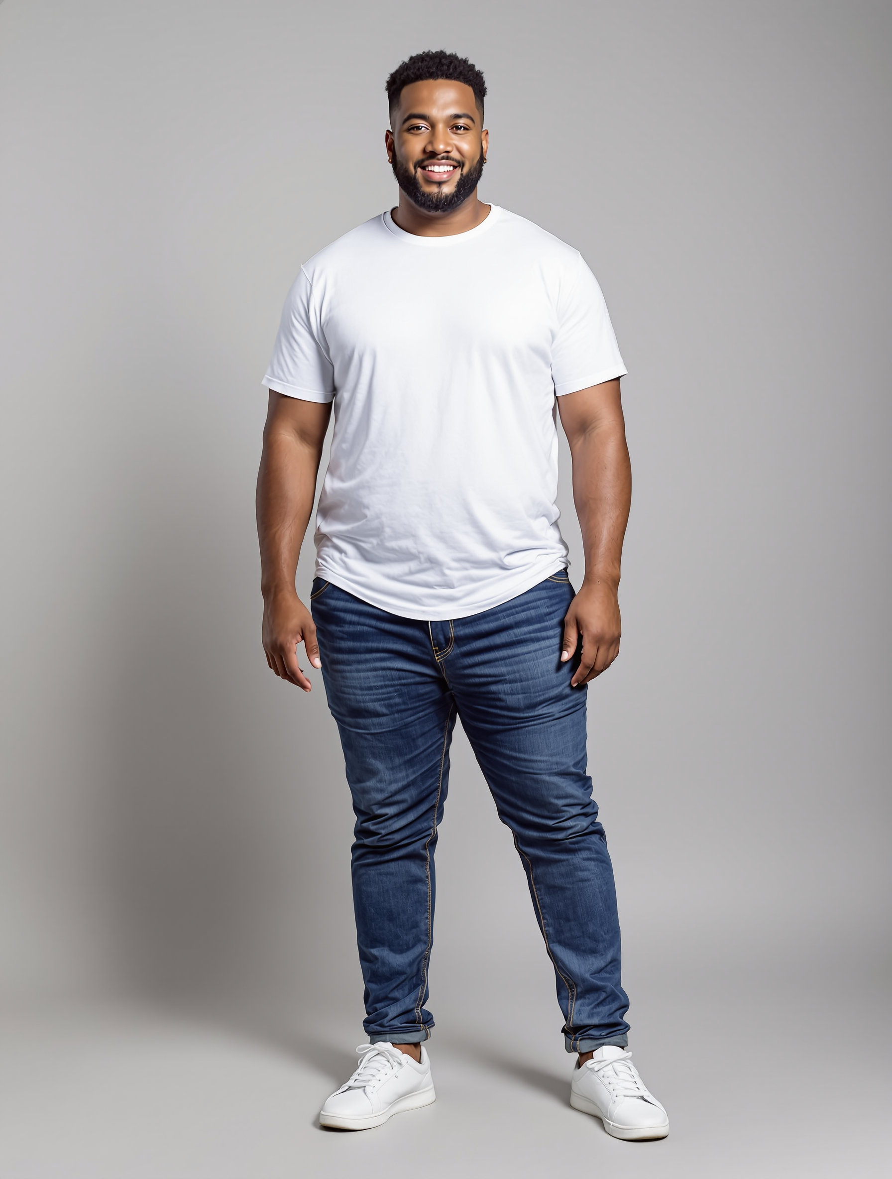 Man in white t-shirt and dark jeans smiling at camera