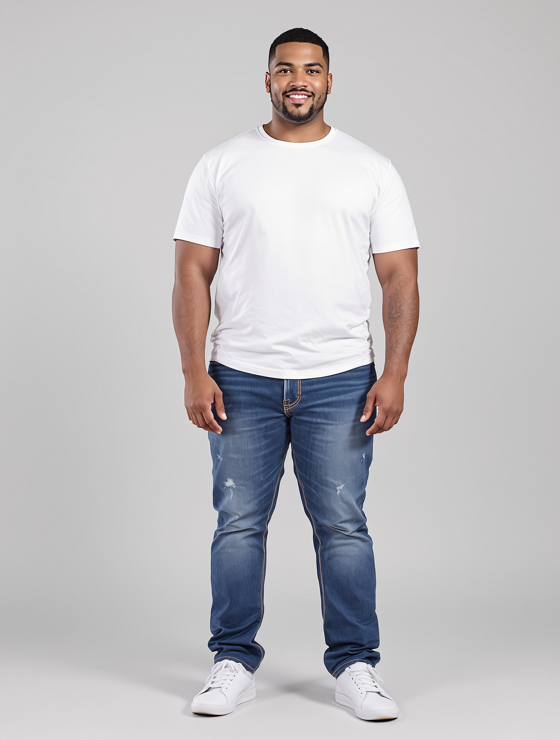 Man in white t-shirt and distressed blue jeans smiling