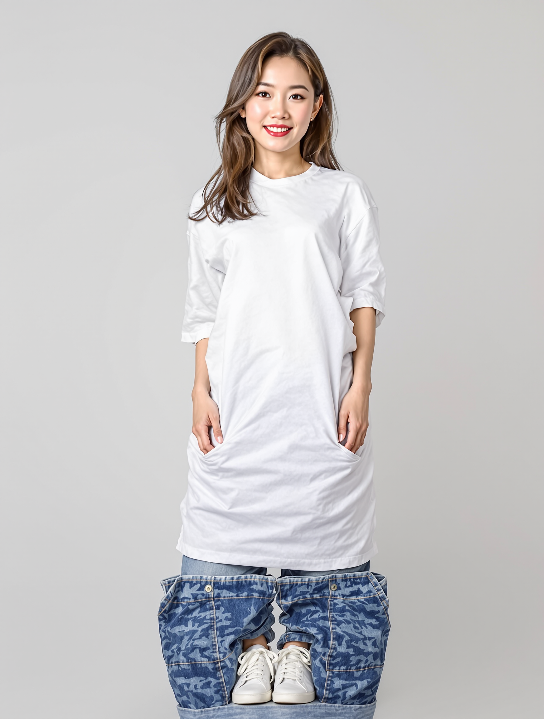 Person in white long-sleeve shirt and blue camouflage jeans