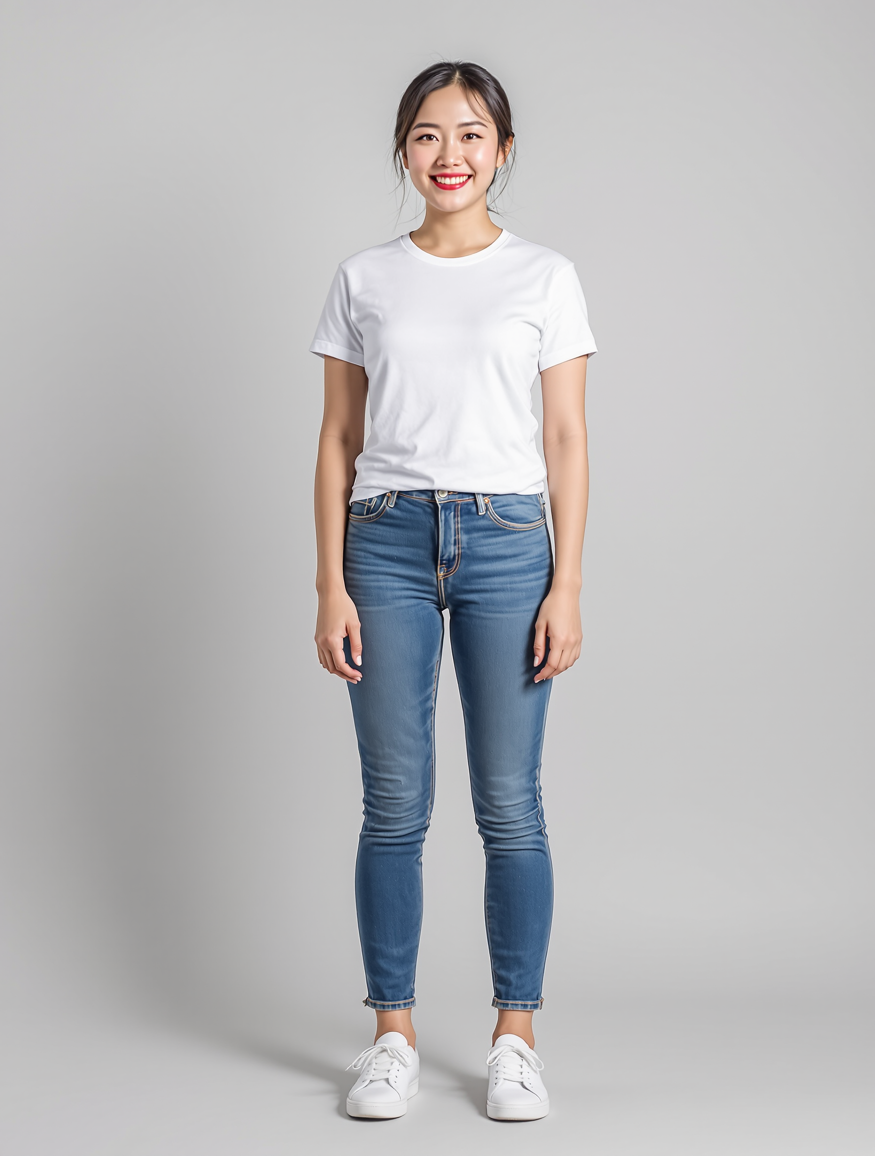 Woman in white t-shirt and blue jeans standing against gray background