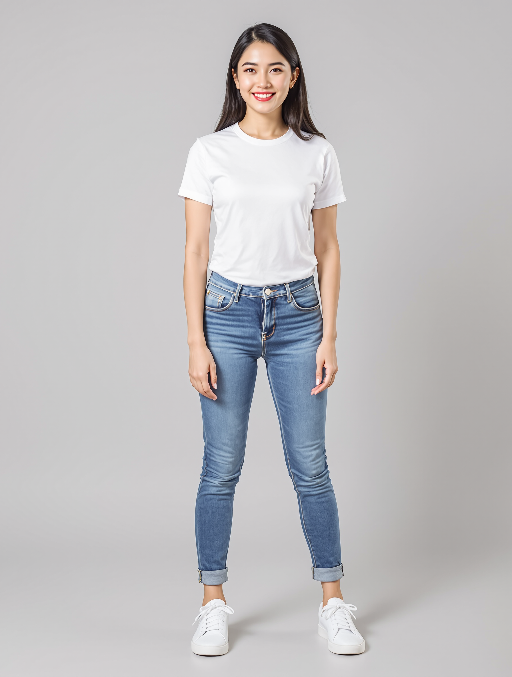 Woman in white t-shirt and cuffed blue jeans with white sneakers