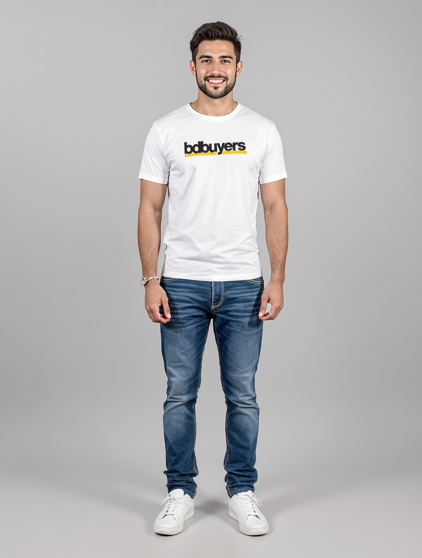 Man in white graphic tee and dark wash jeans with white sneakers