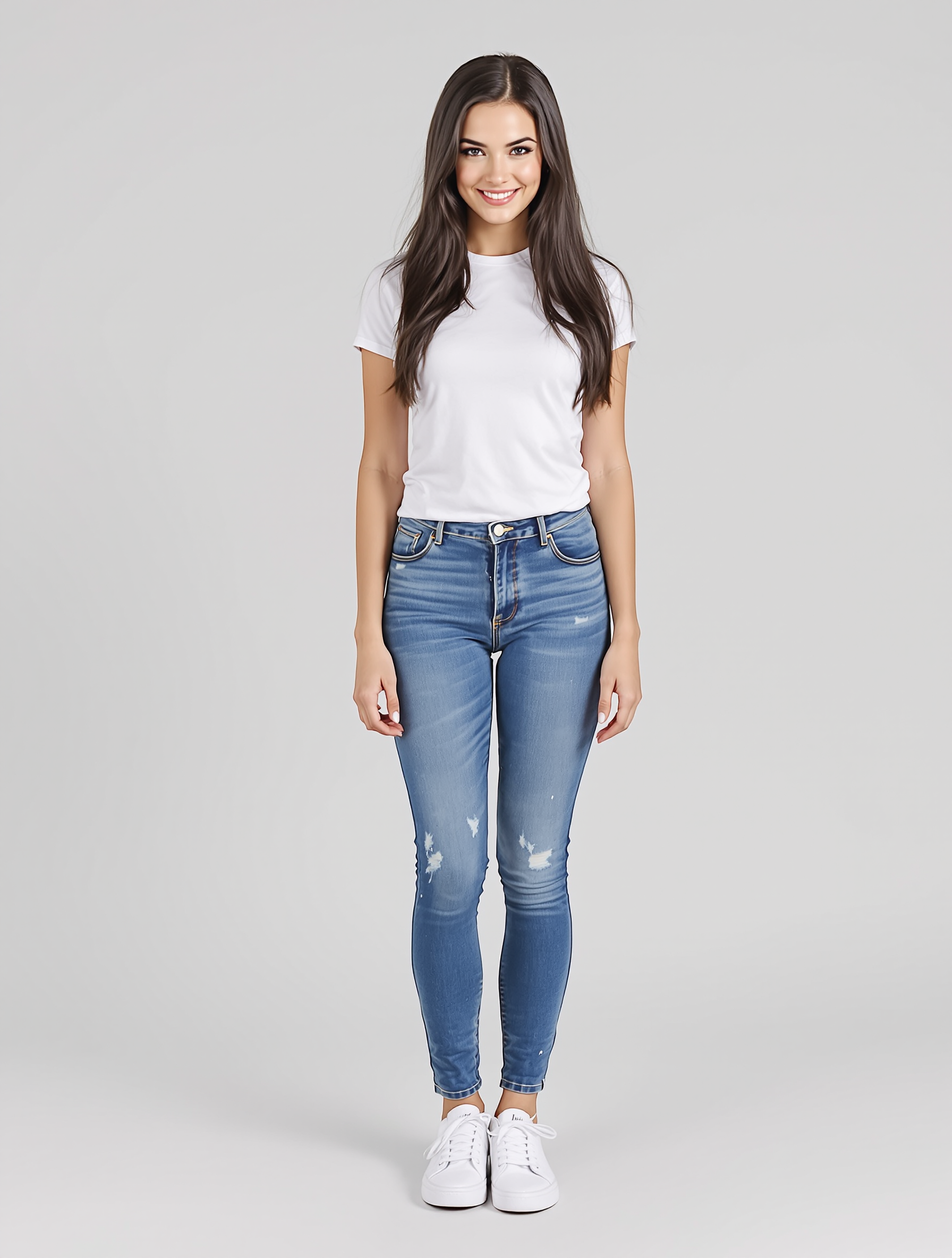 Woman in white t-shirt and distressed blue jeans