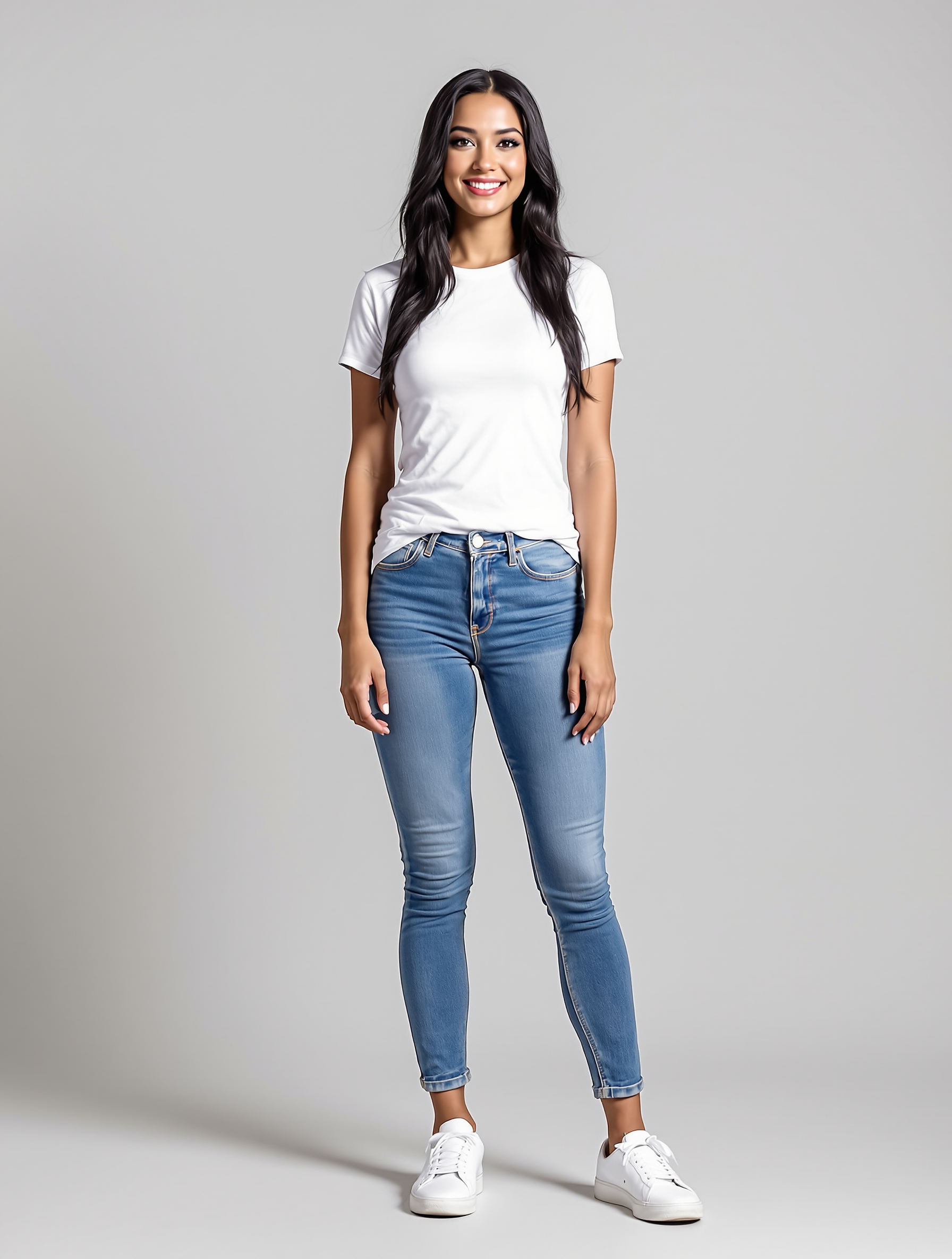 Woman in white t-shirt and blue skinny jeans with white sneakers