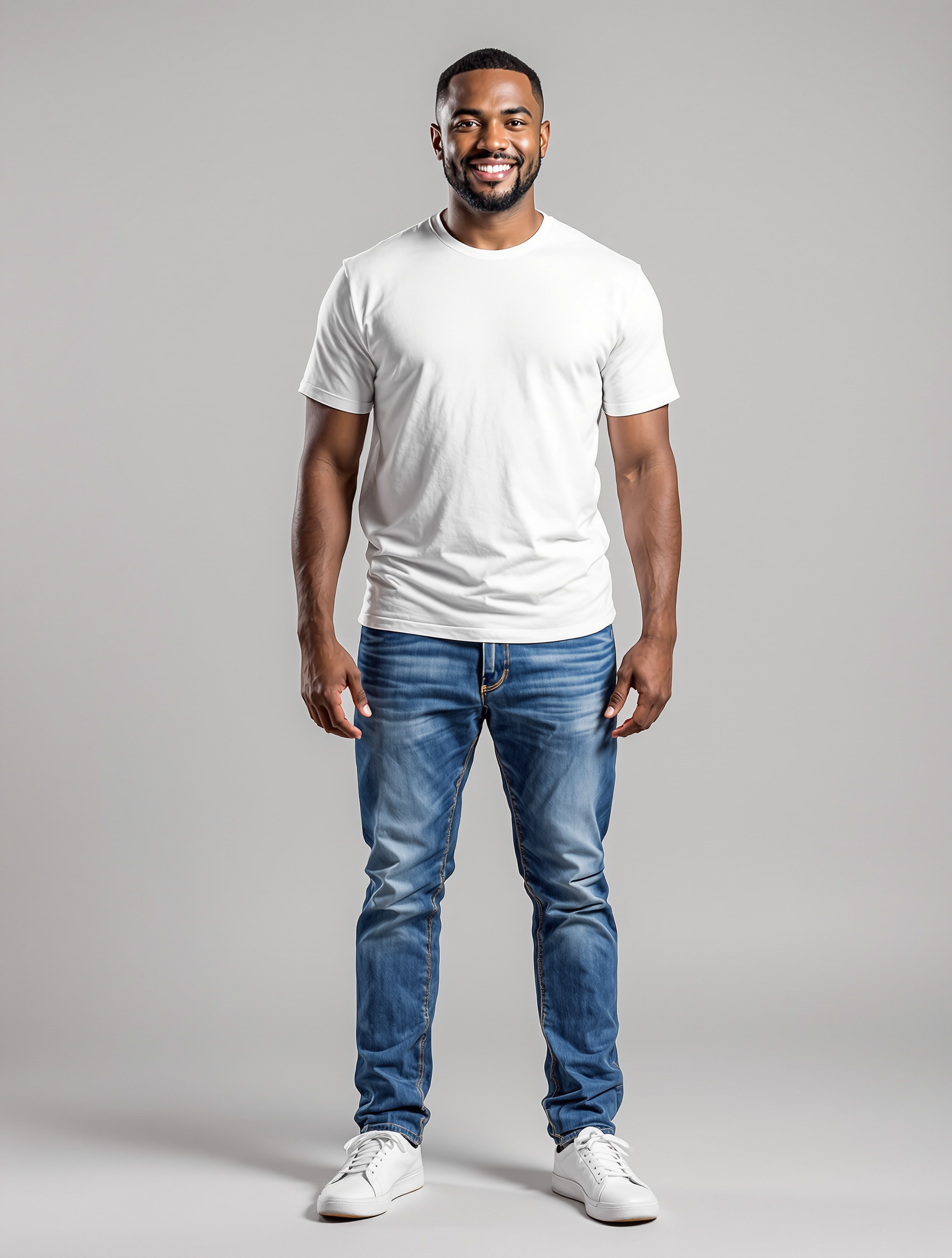 Man in white t-shirt and blue jeans smiling at camera