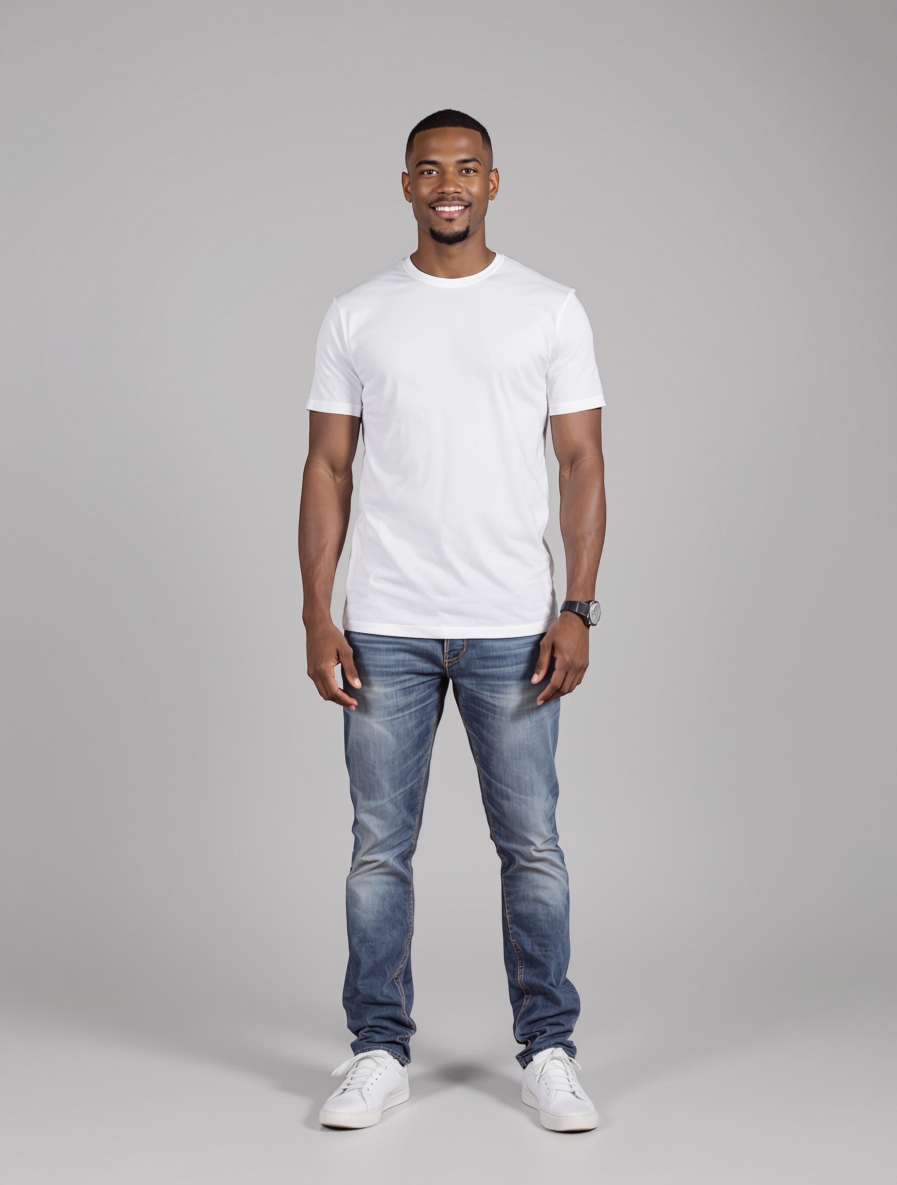 Man in white t-shirt and blue jeans with white sneakers