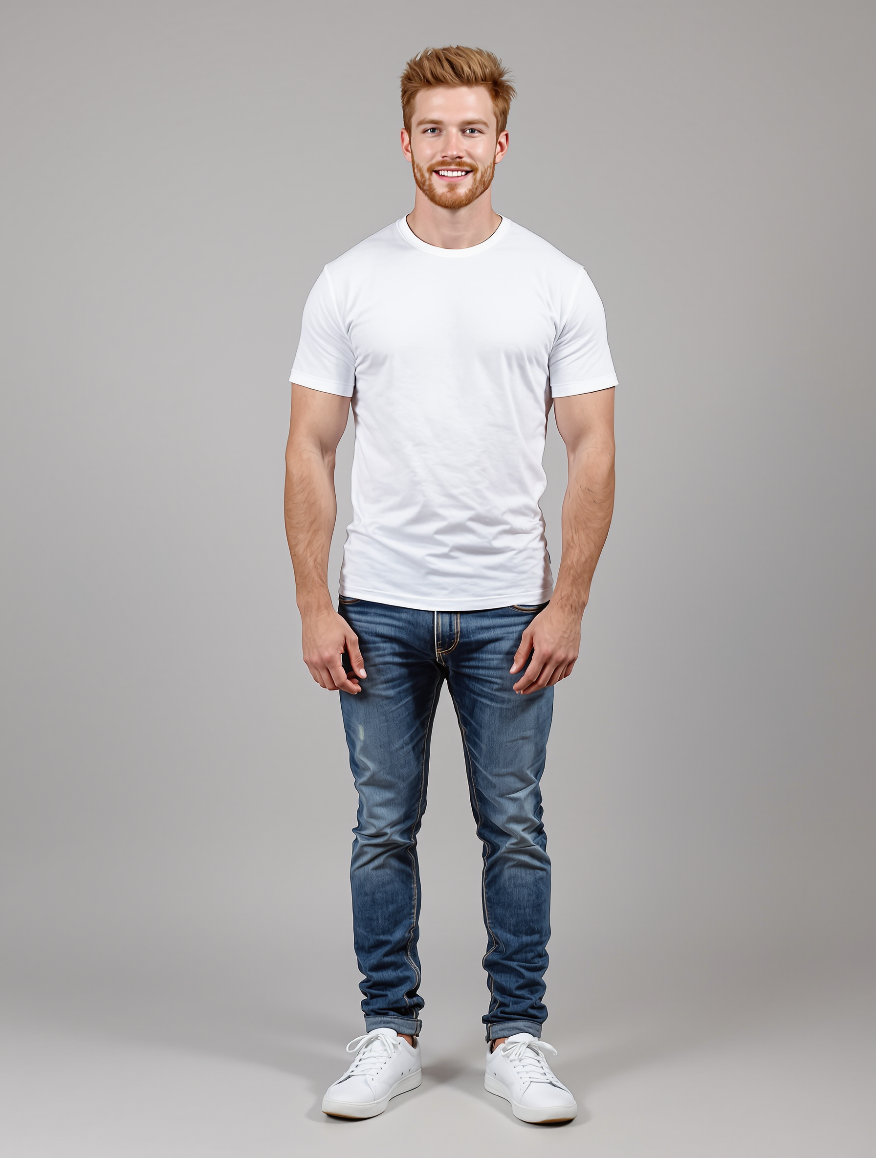 Man in white t-shirt and blue jeans standing against gray background