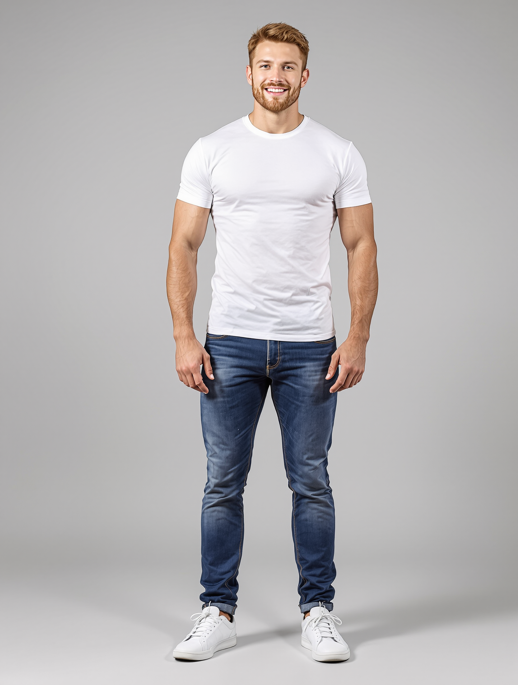 Man in white t-shirt and dark jeans with white sneakers