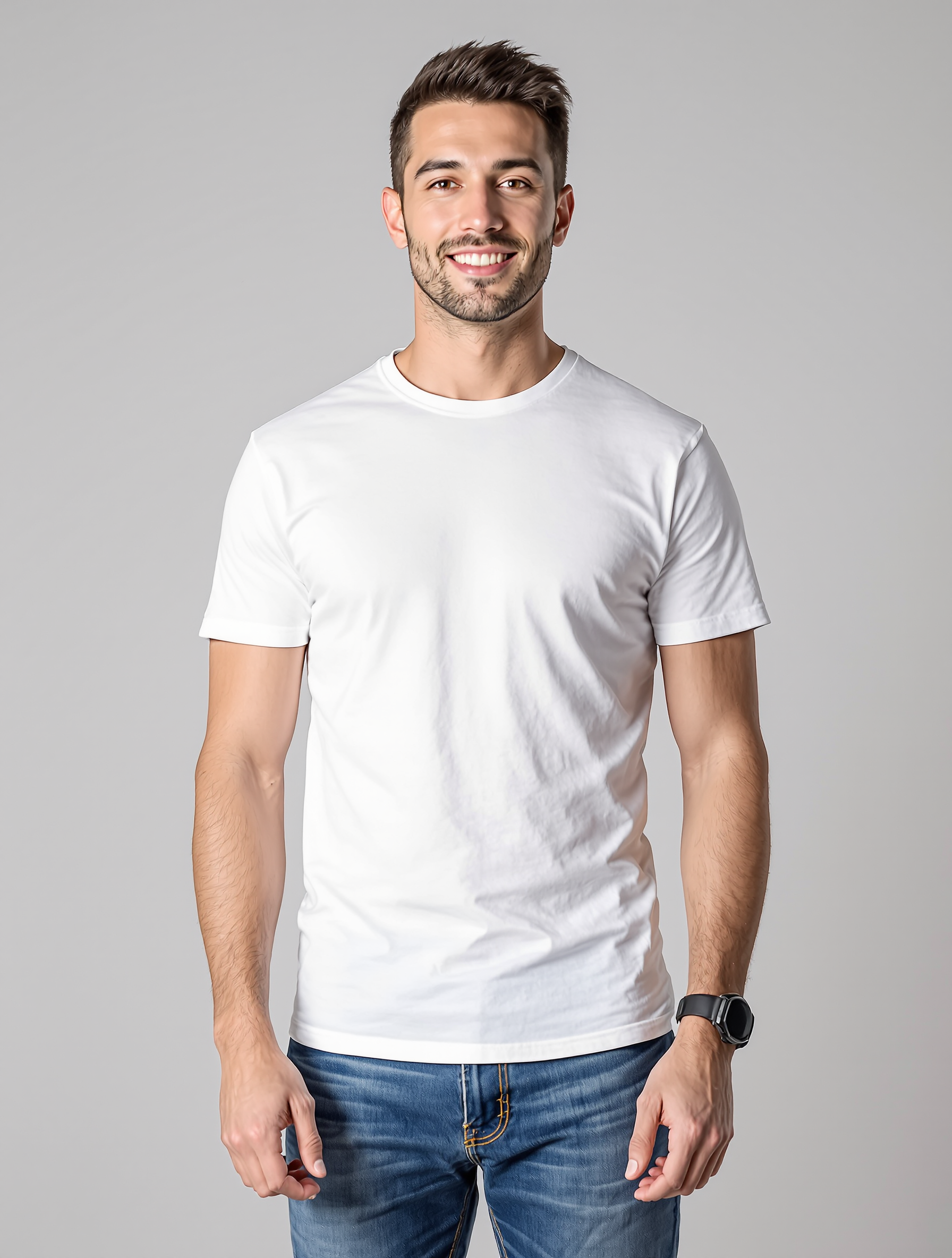 Man in white t-shirt and jeans smiling at camera