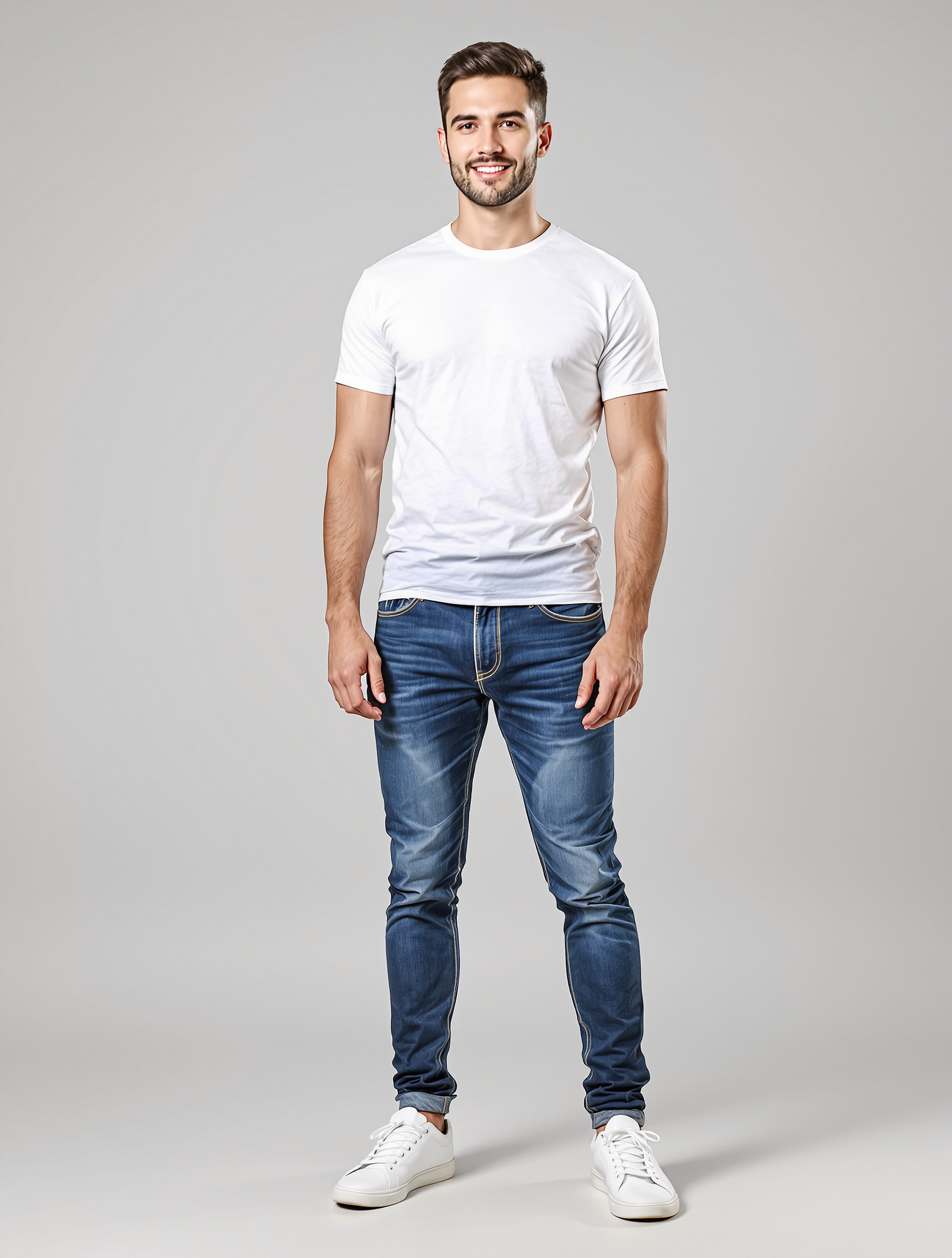 Man in white t-shirt and blue jeans with white sneakers