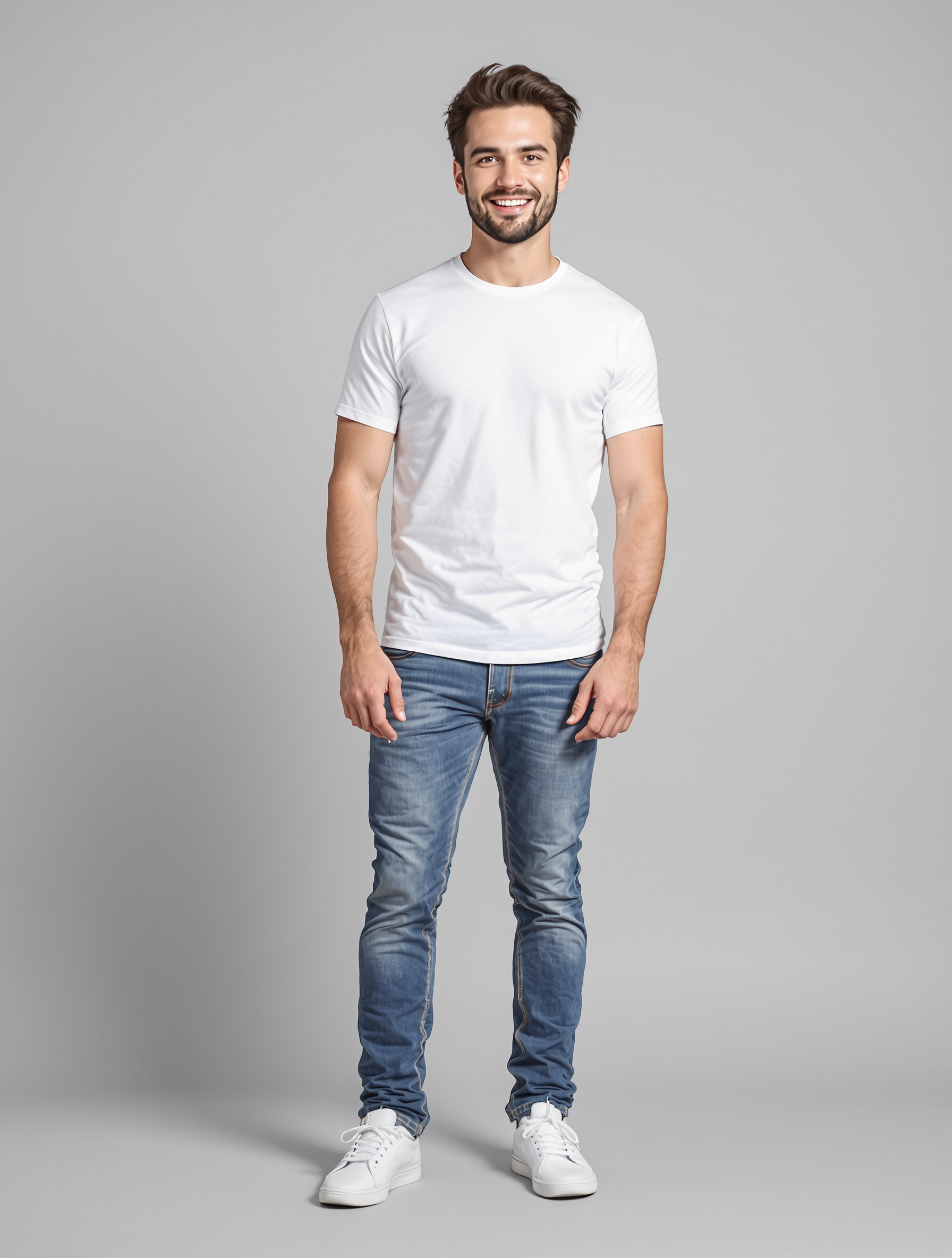 Man in white t-shirt and blue jeans with white sneakers