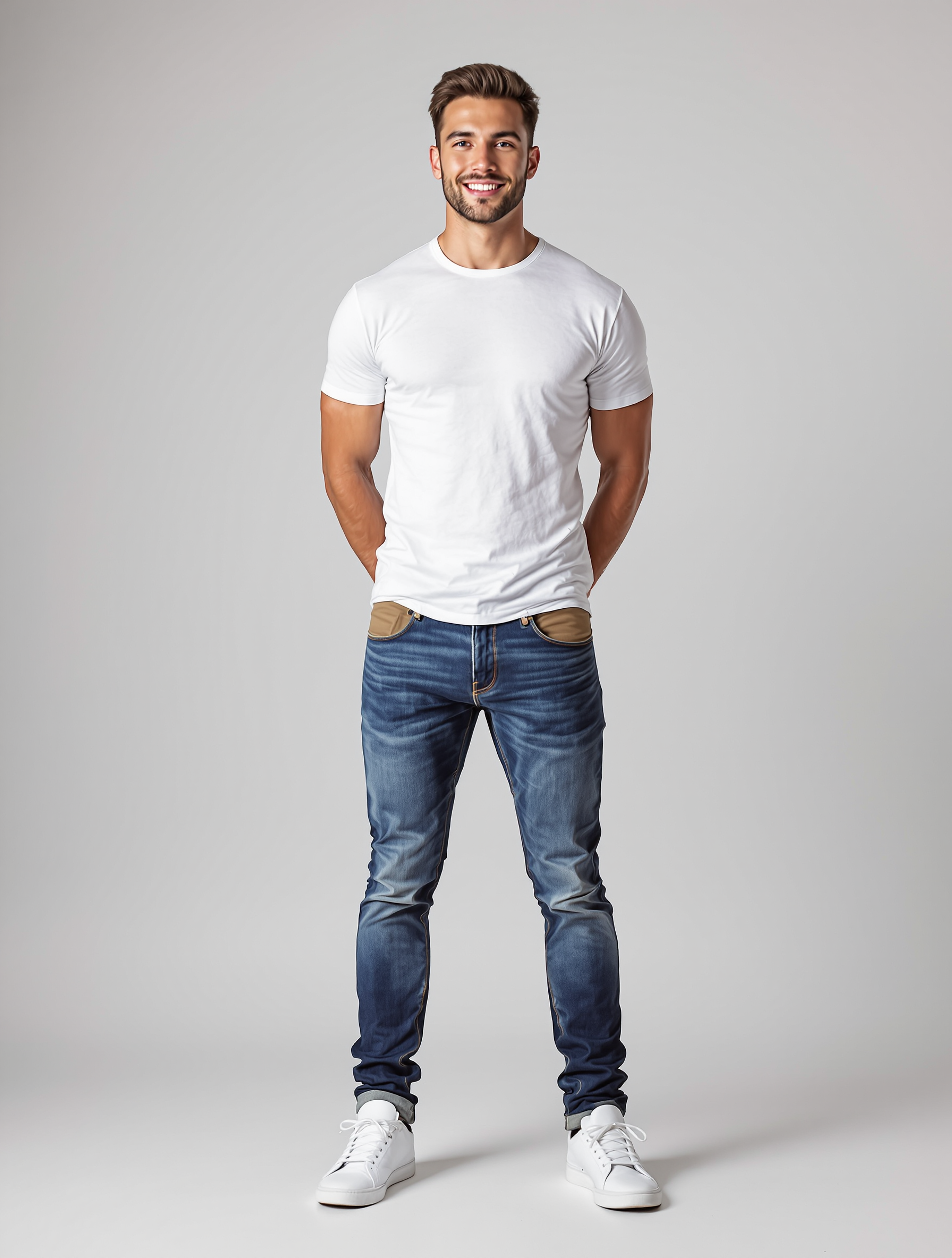 Man in white t-shirt and blue jeans standing against gray background
