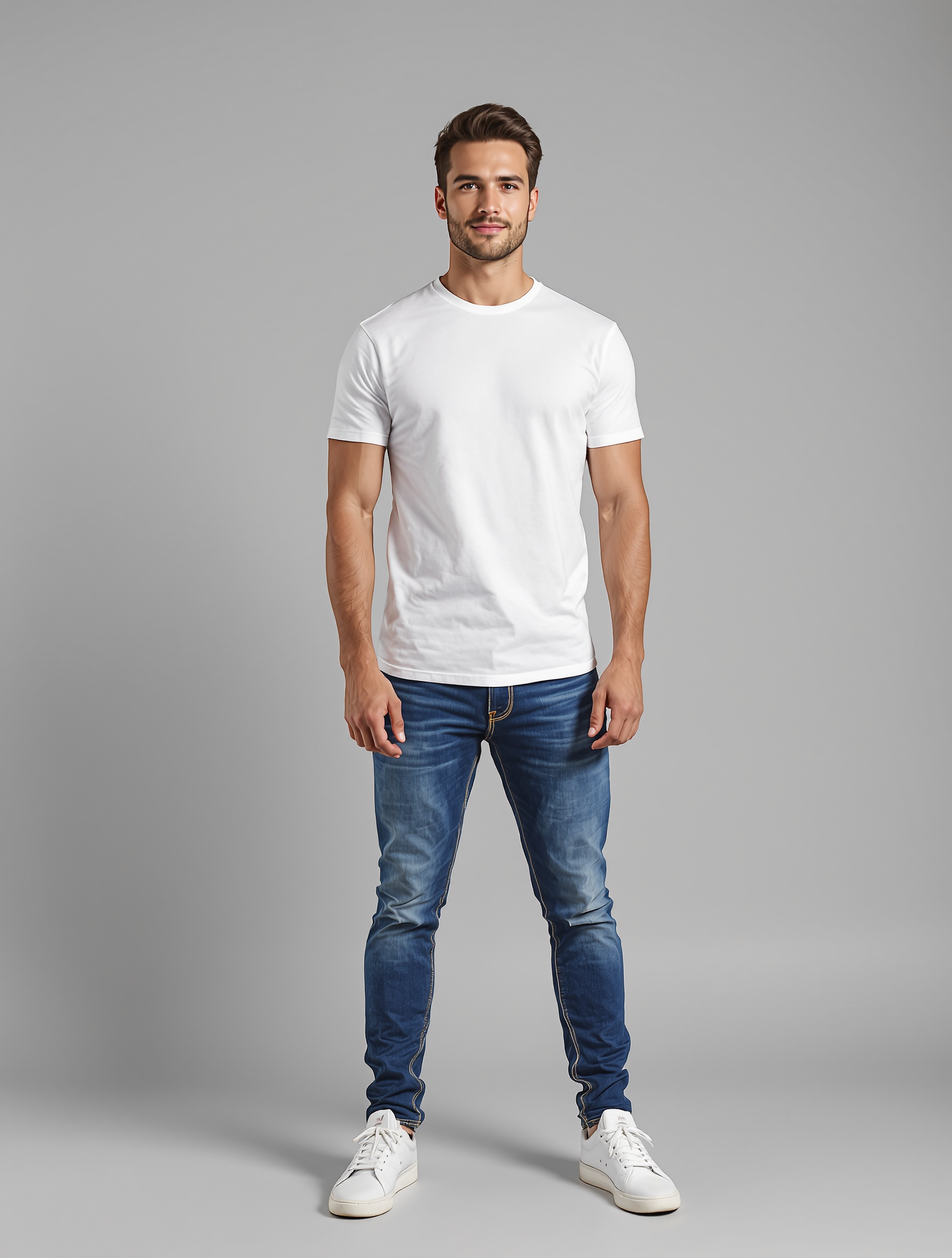 Man in white crew neck t-shirt and dark blue jeans