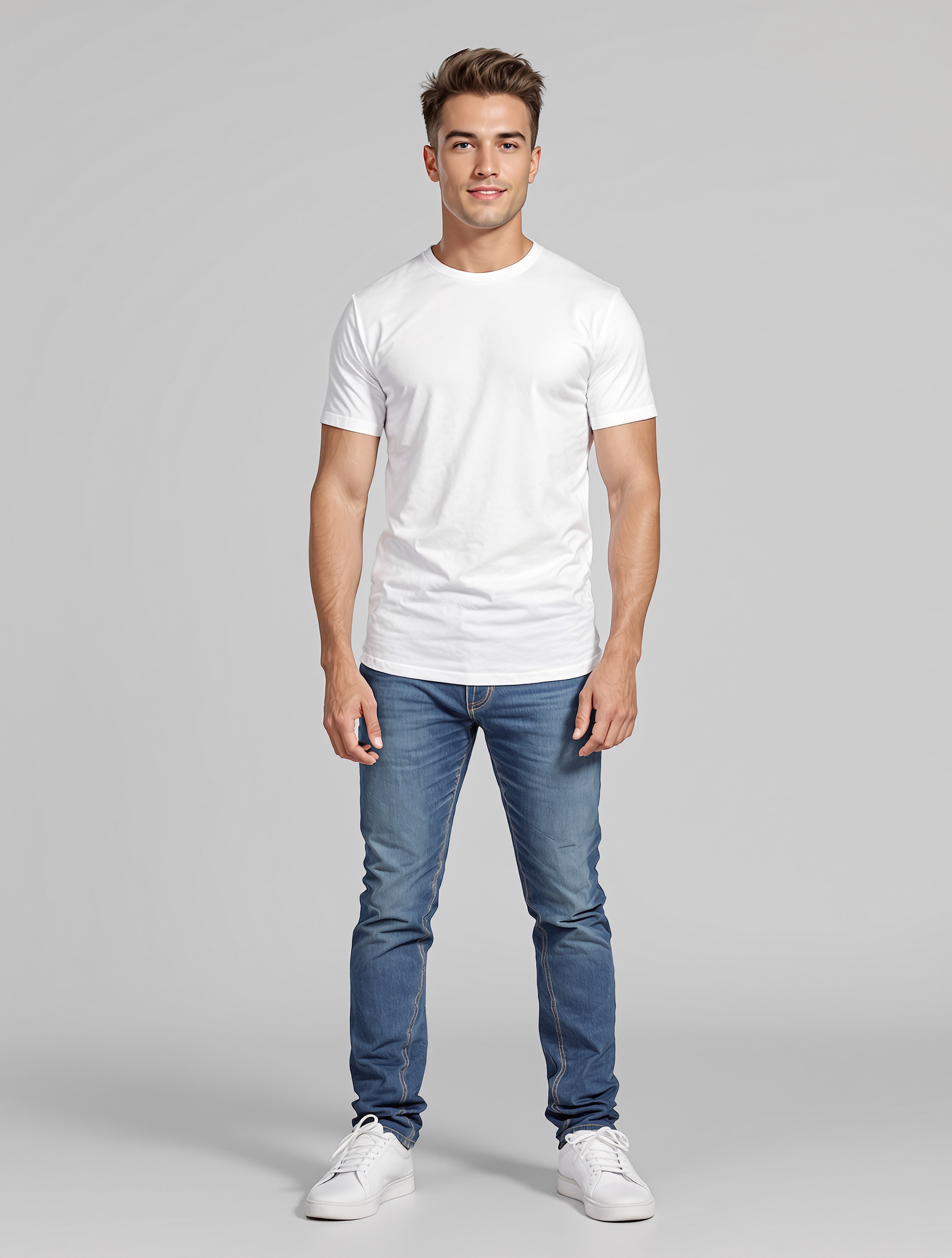 Man in white crew neck tee and blue jeans standing against neutral background
