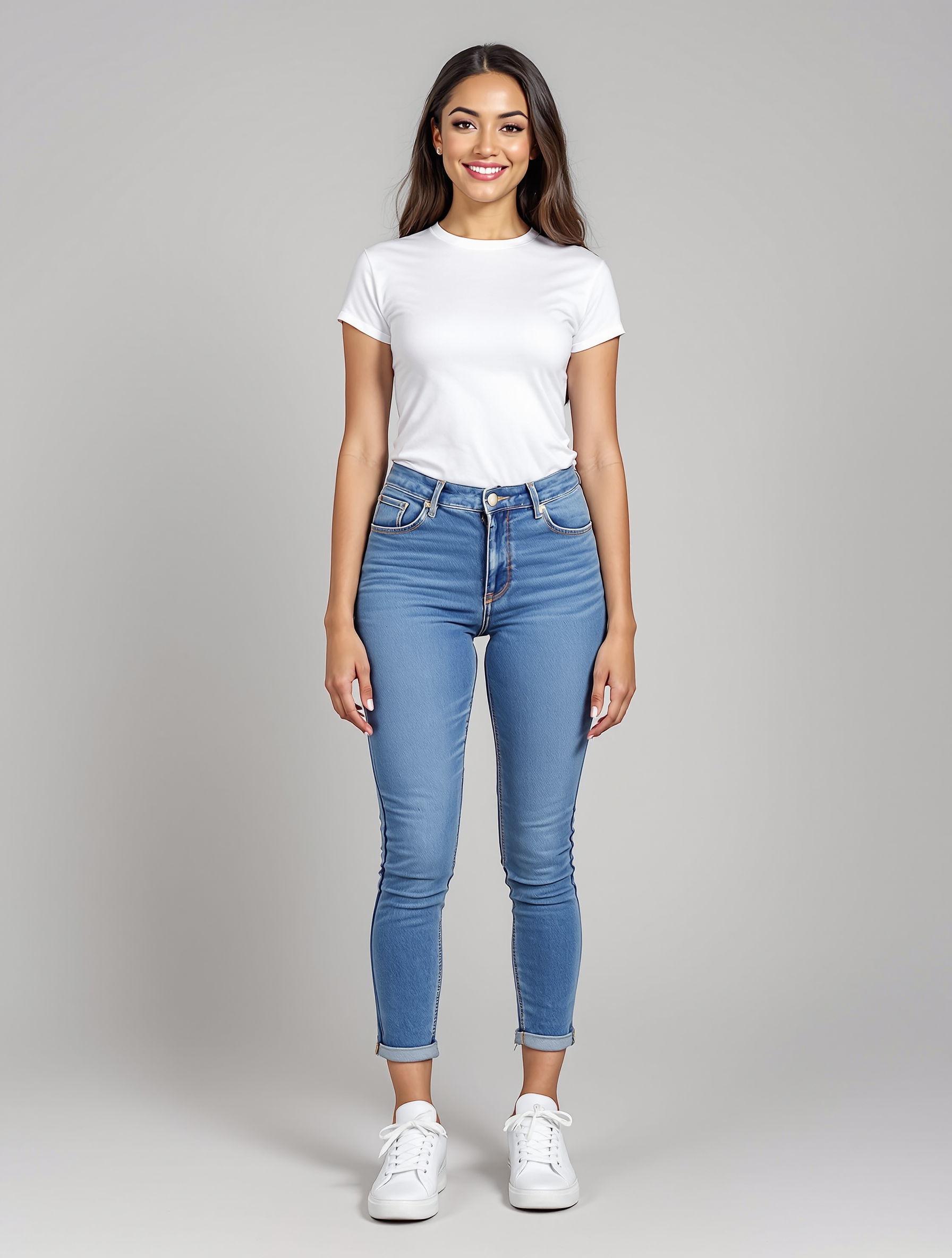 Woman in white t-shirt and cuffed blue jeans with white sneakers