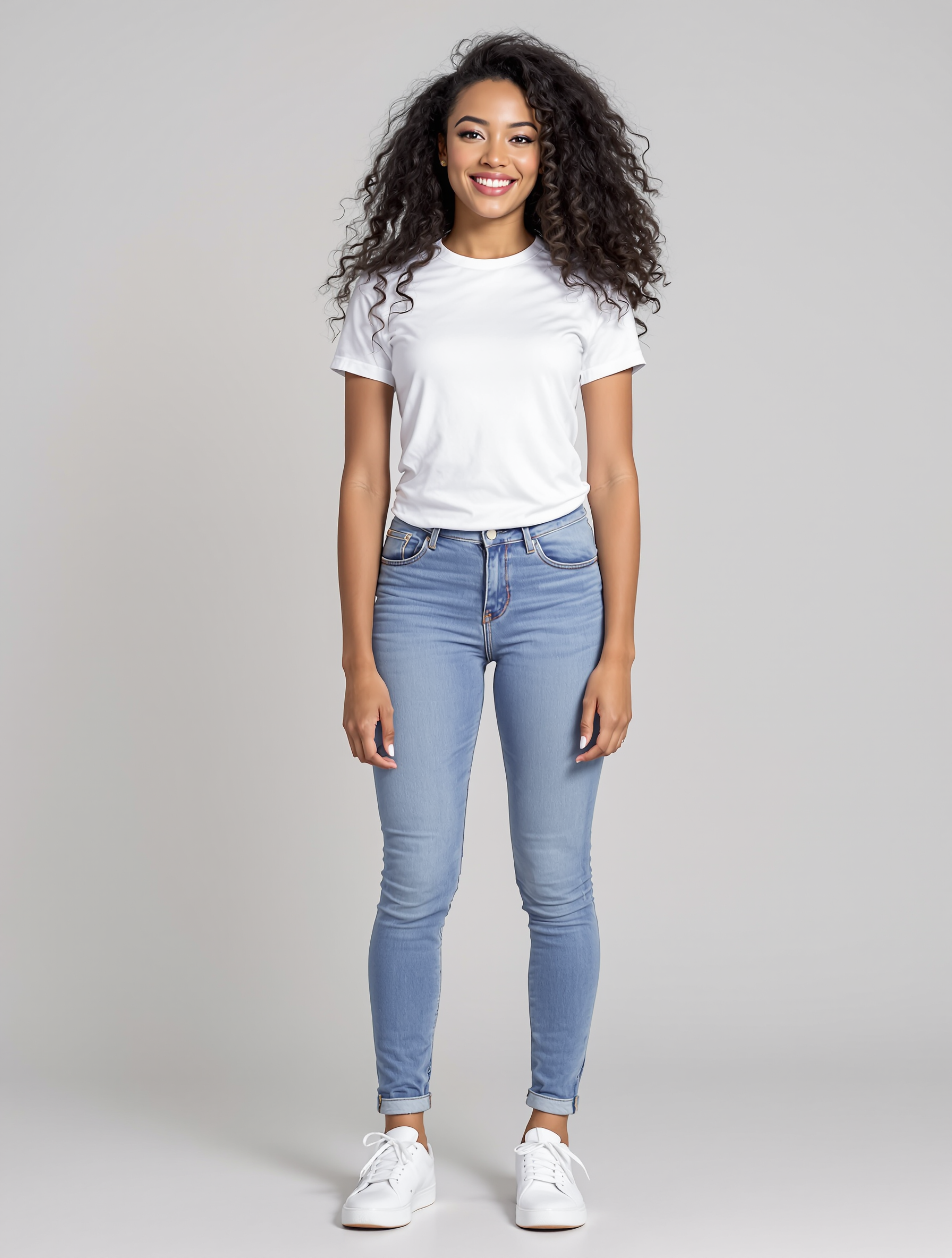 Woman in white tee and light blue skinny jeans with white sneakers