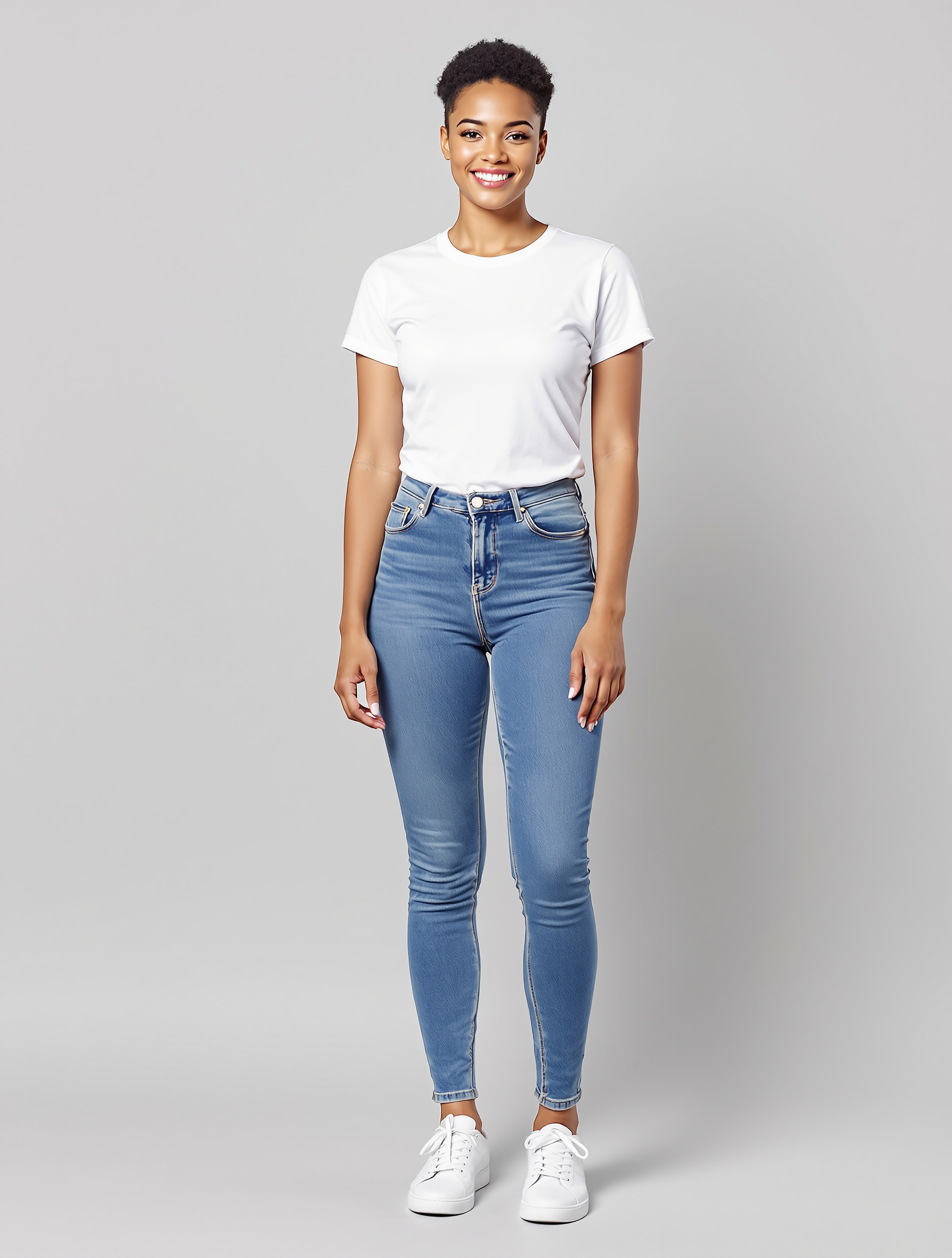 Woman in white t-shirt and blue skinny jeans standing against neutral background