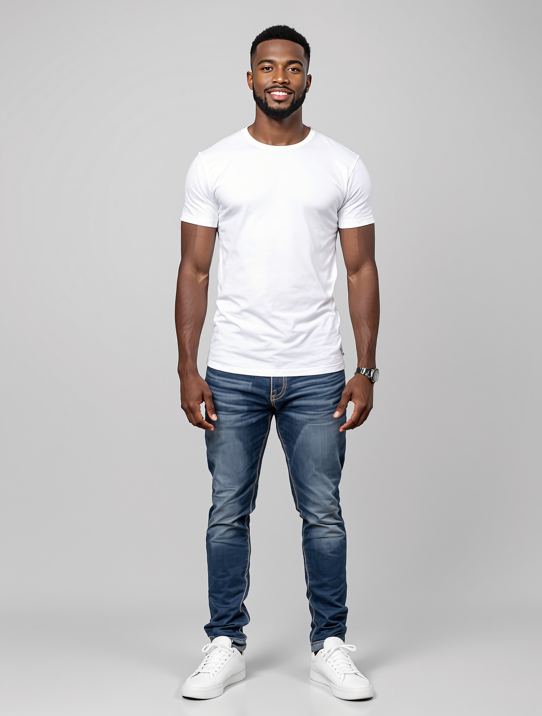 Man in white t-shirt and blue jeans standing against gray background