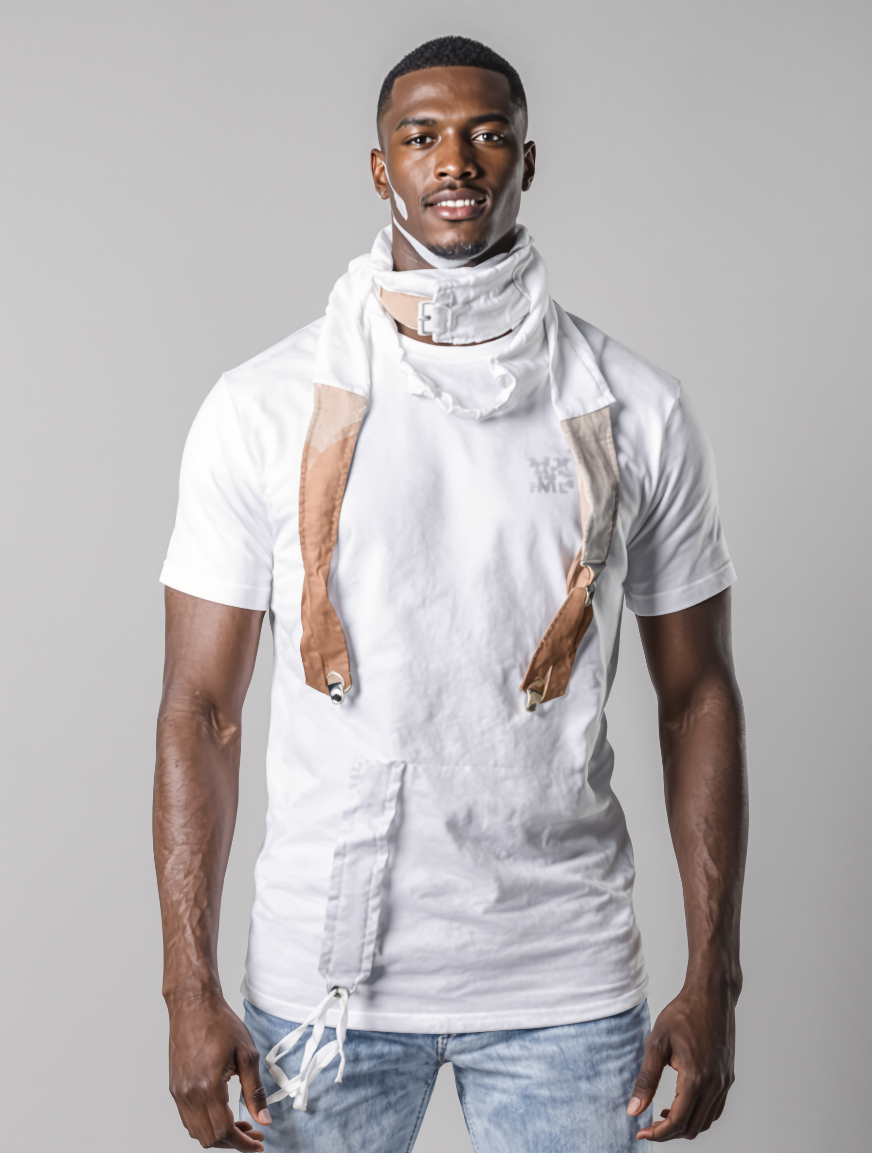 Man in white tee with tan vest and neck collar