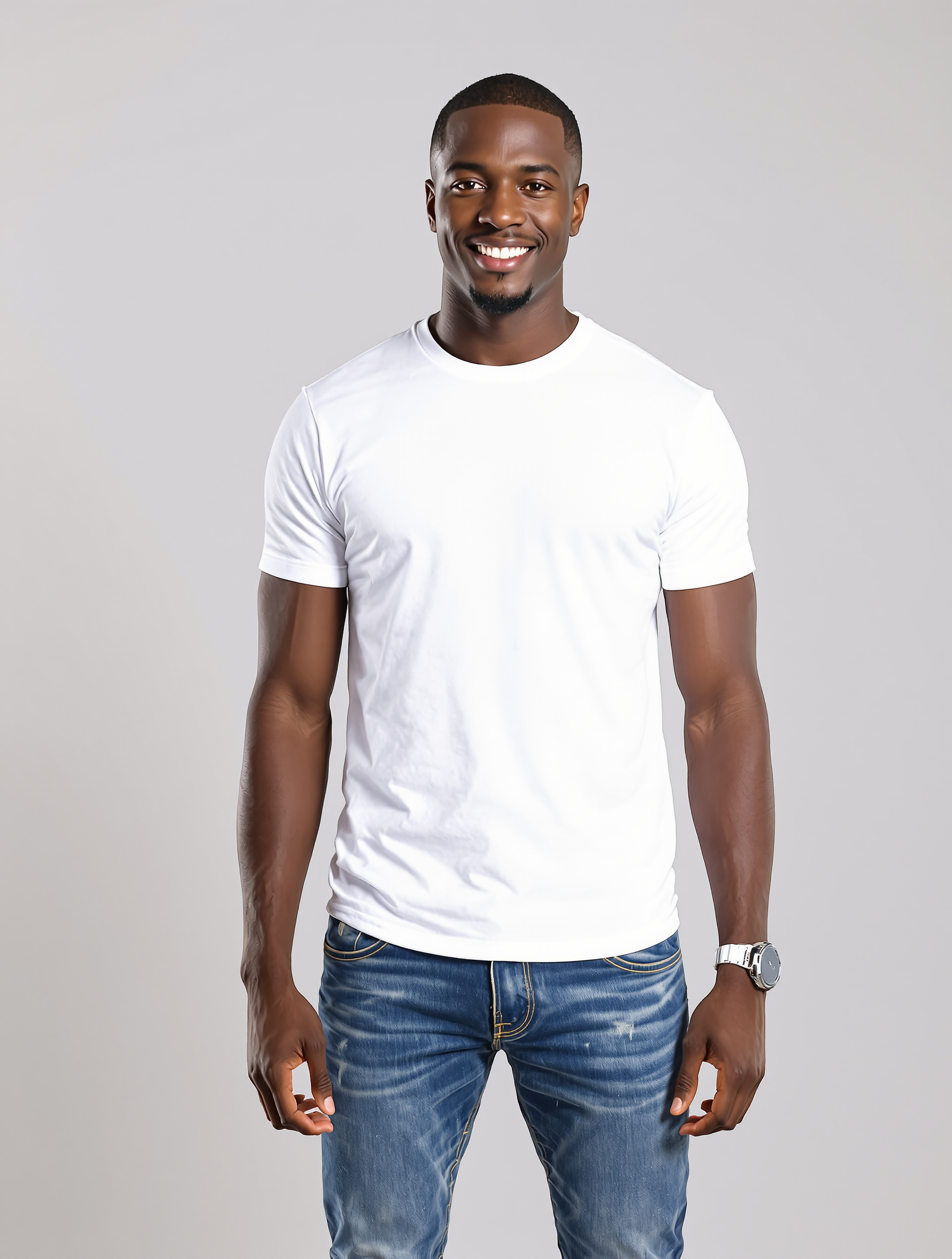 Man in white t-shirt and jeans smiling at camera