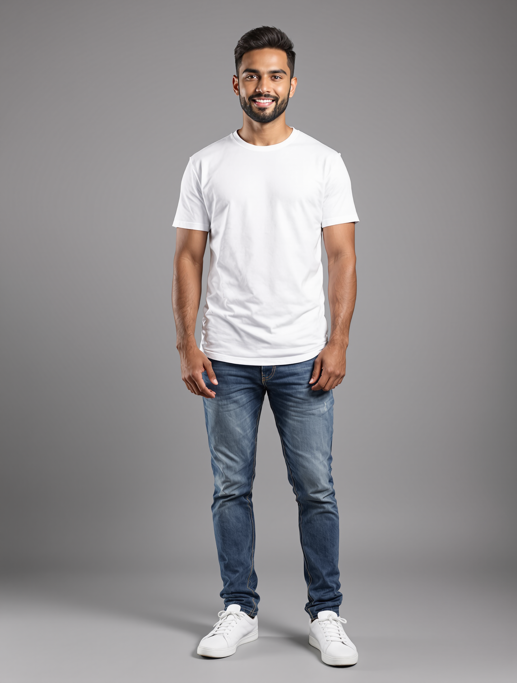 Man in white t-shirt and blue jeans standing against gray background