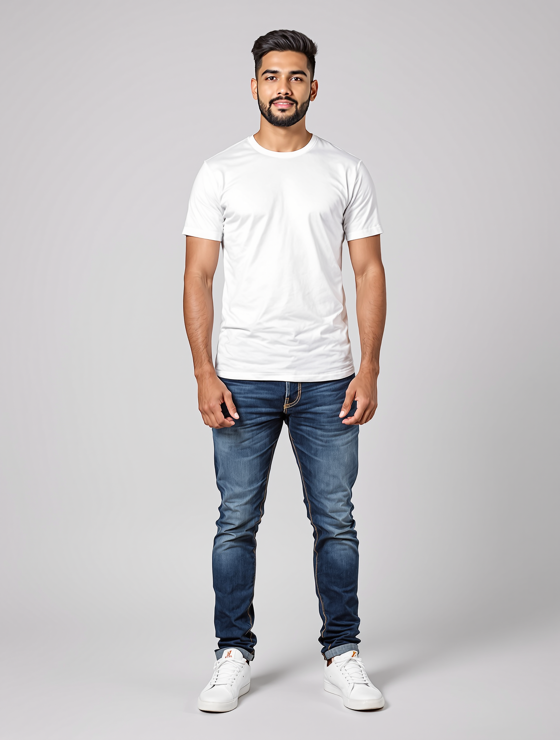 Man in white t-shirt and dark jeans with white sneakers