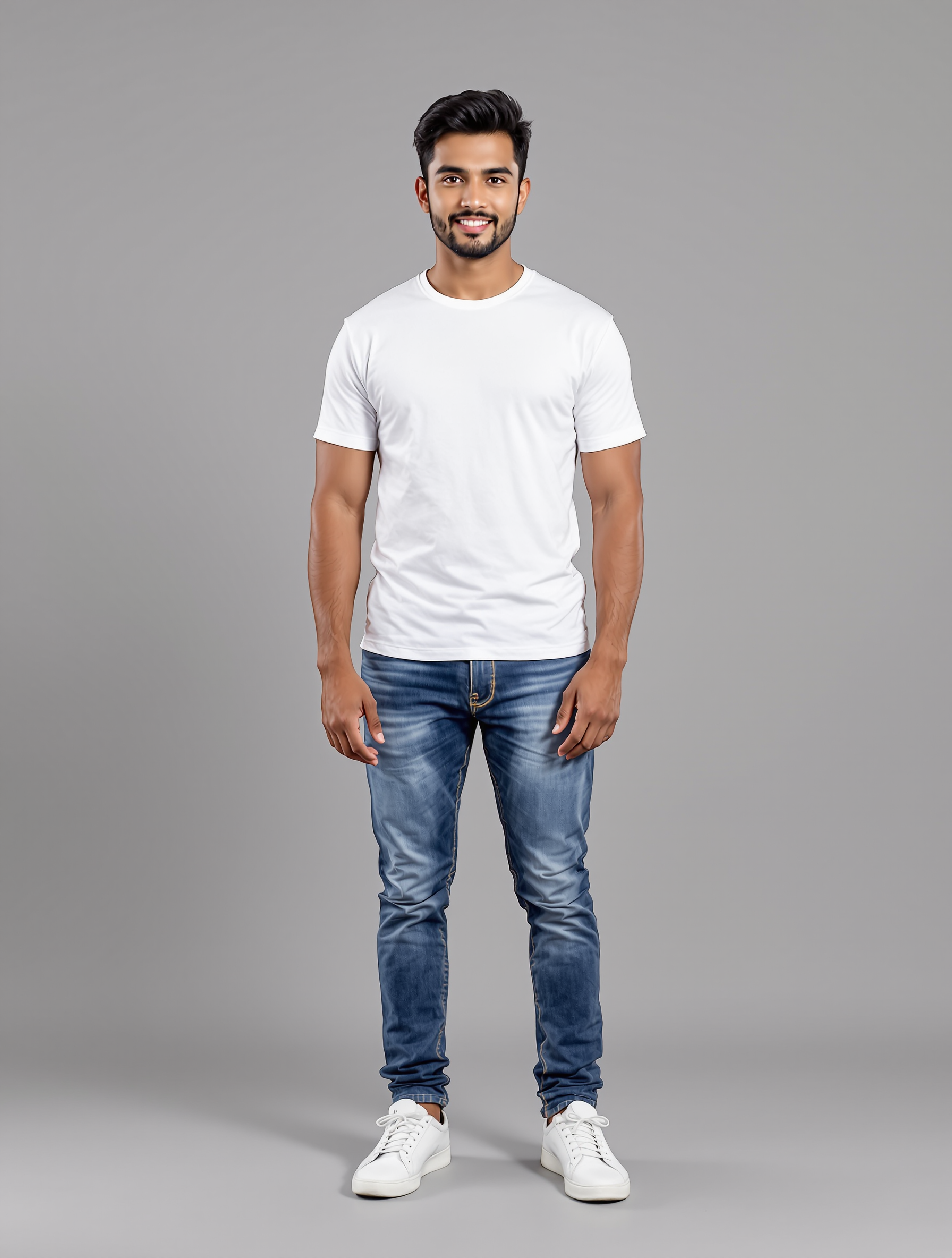 Man in white t-shirt and blue jeans with white sneakers
