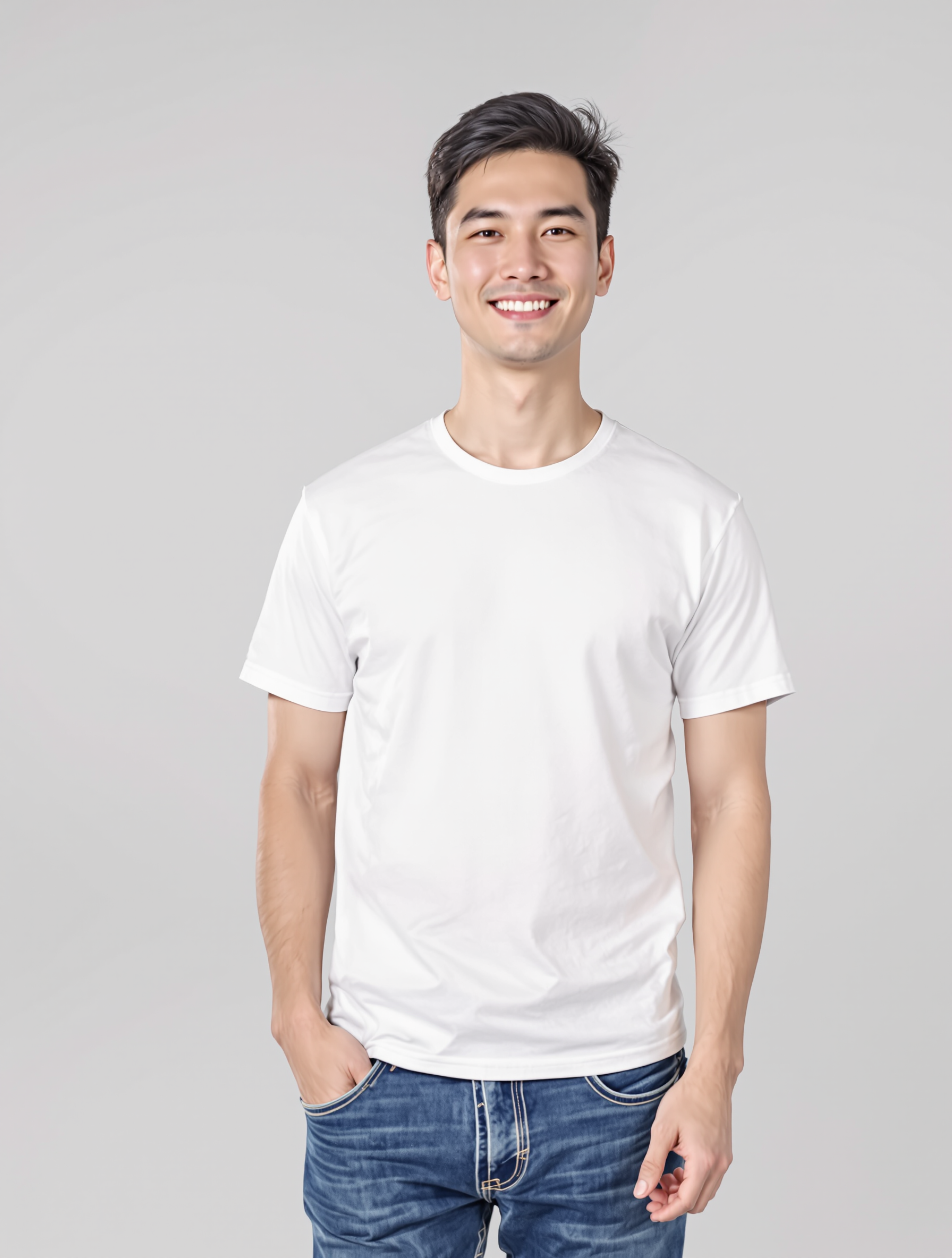Man in white t-shirt and blue jeans smiling at camera