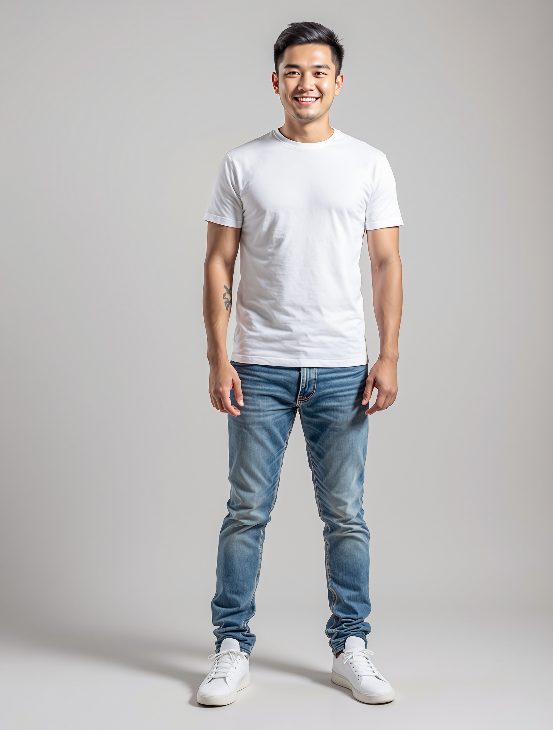 Man in white t-shirt and blue jeans standing against gray background
