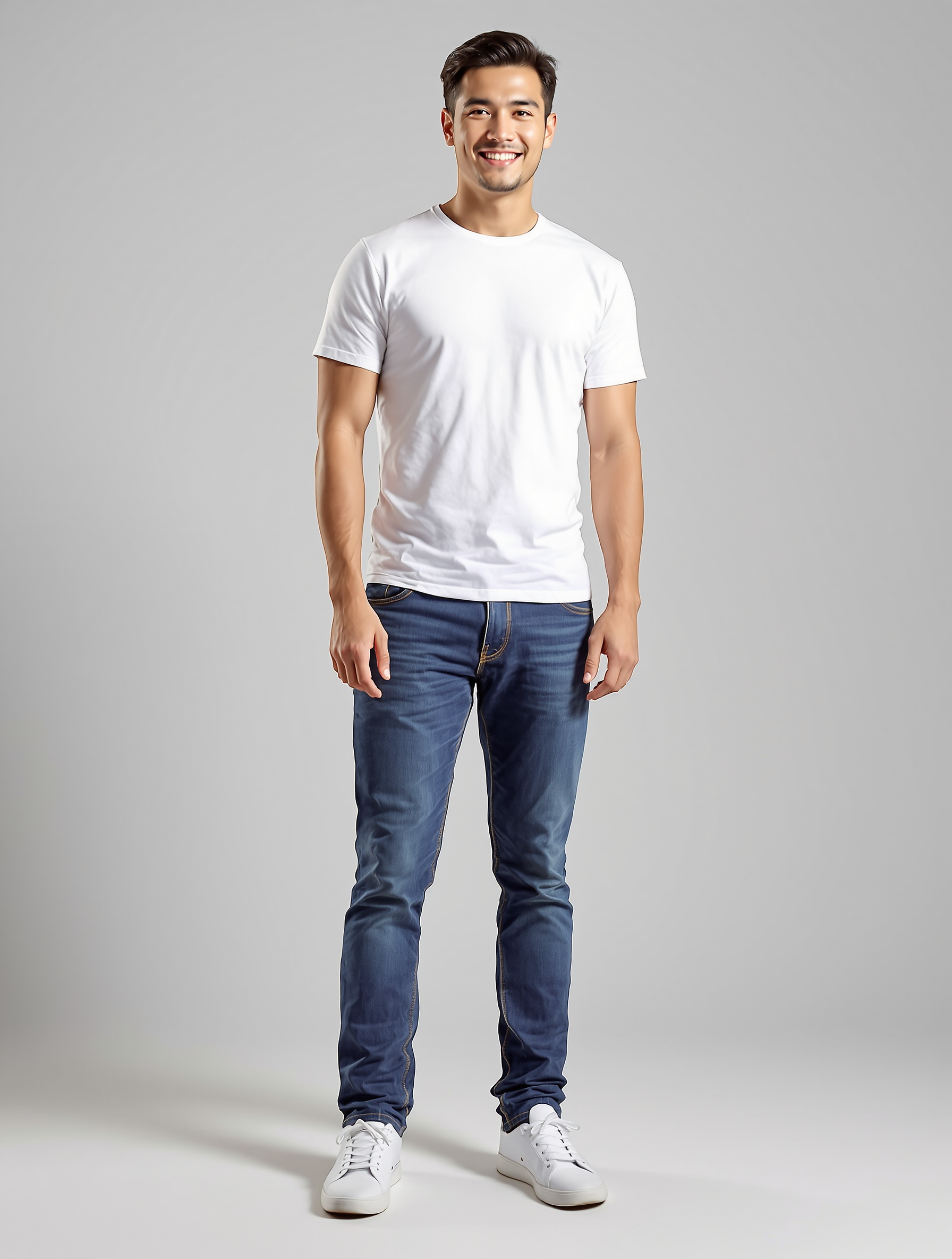Man in white t-shirt and dark jeans standing against gray background