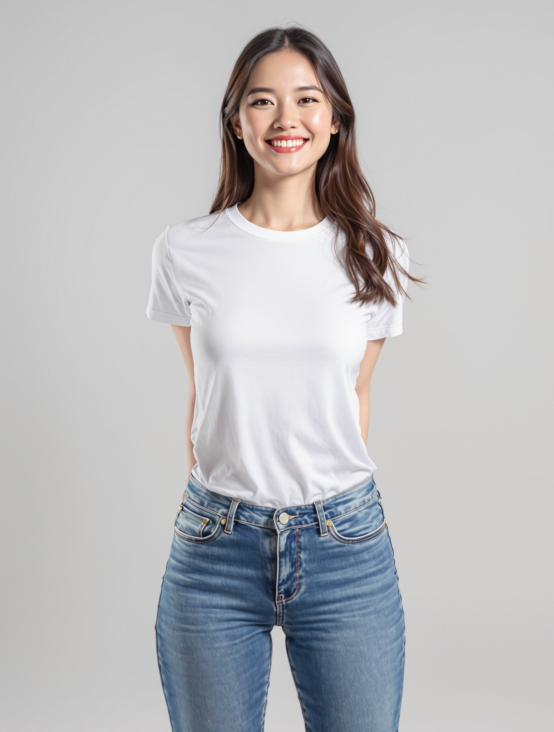 Woman in white t-shirt and blue jeans smiling at camera