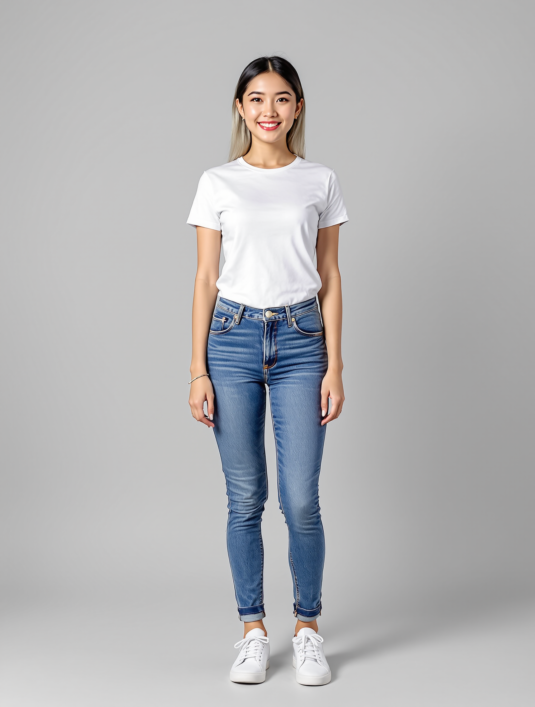 Woman in white t-shirt and rolled blue jeans with white sneakers