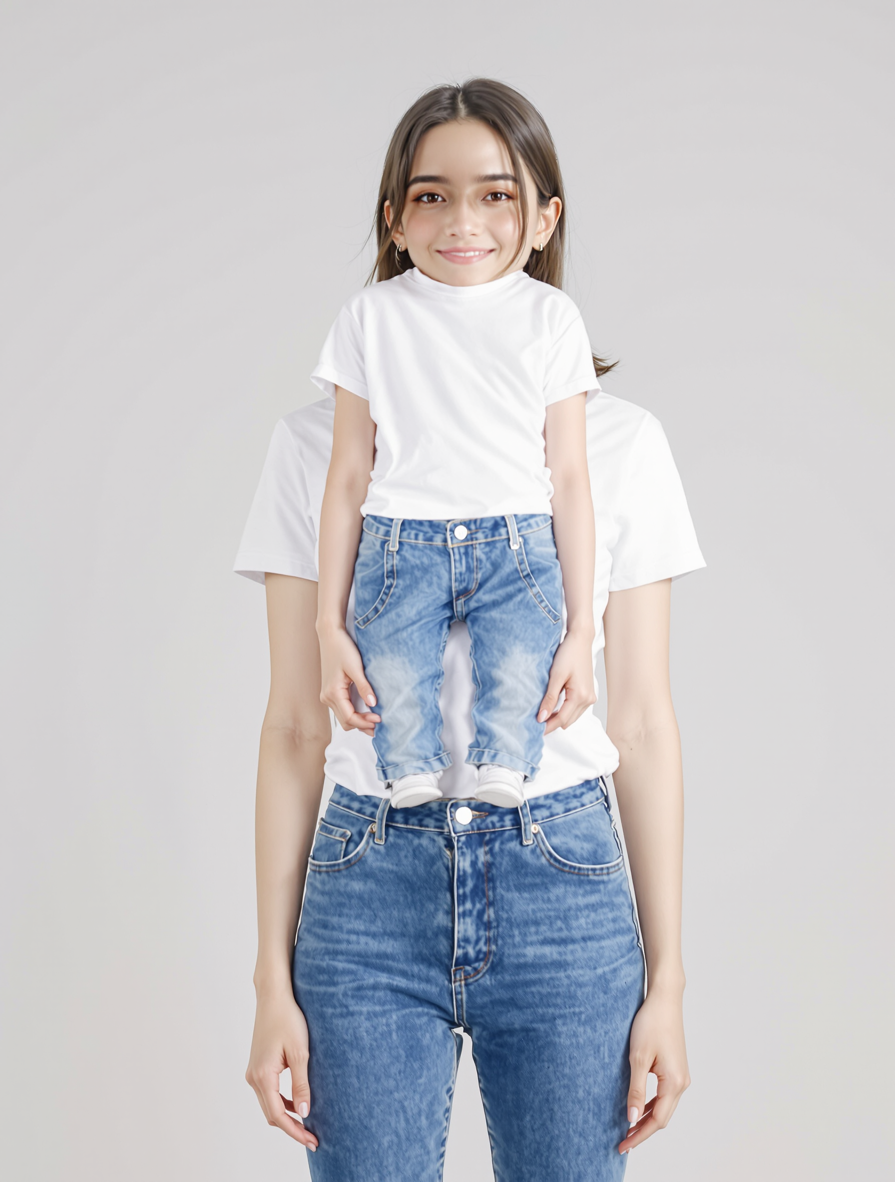 Young woman in white t-shirt and layered denim jeans