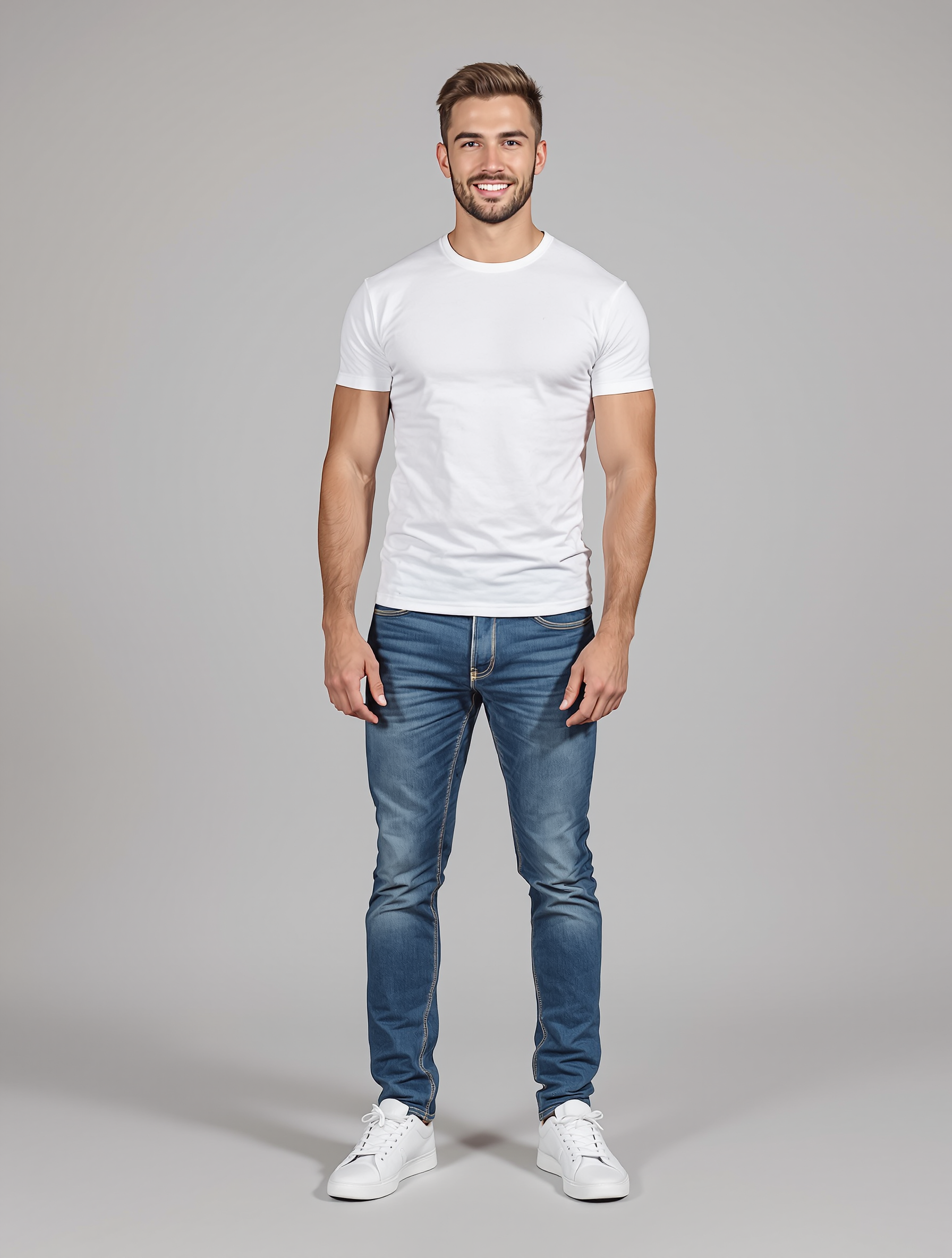 Man in white crewneck tee and medium wash jeans with white sneakers