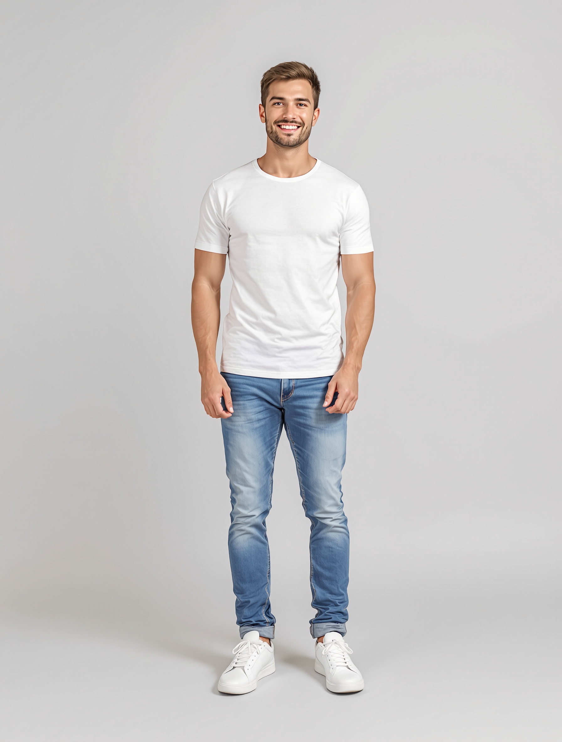 Man in white t-shirt and blue jeans smiling at camera