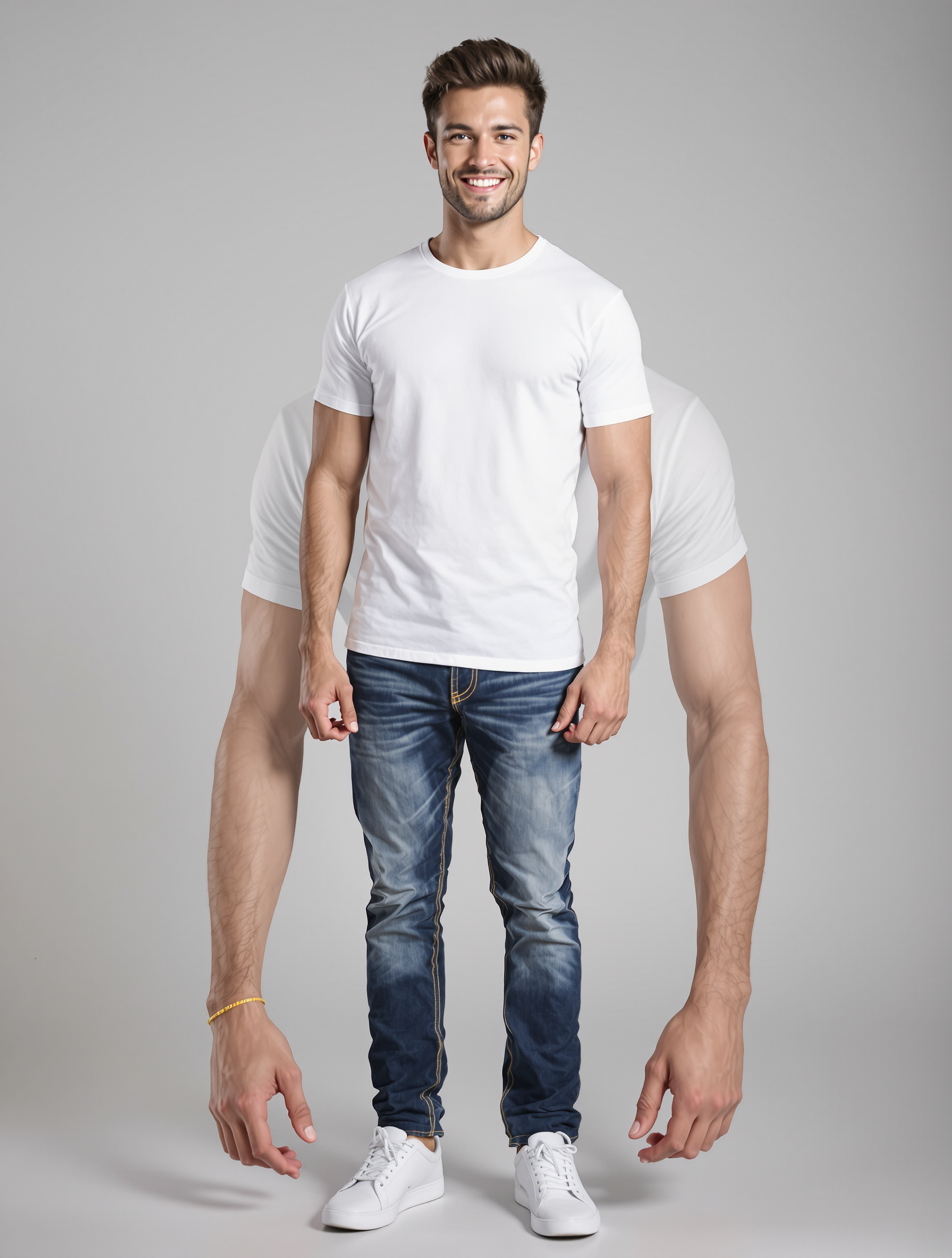 Man in white tee and dark jeans with extended arms