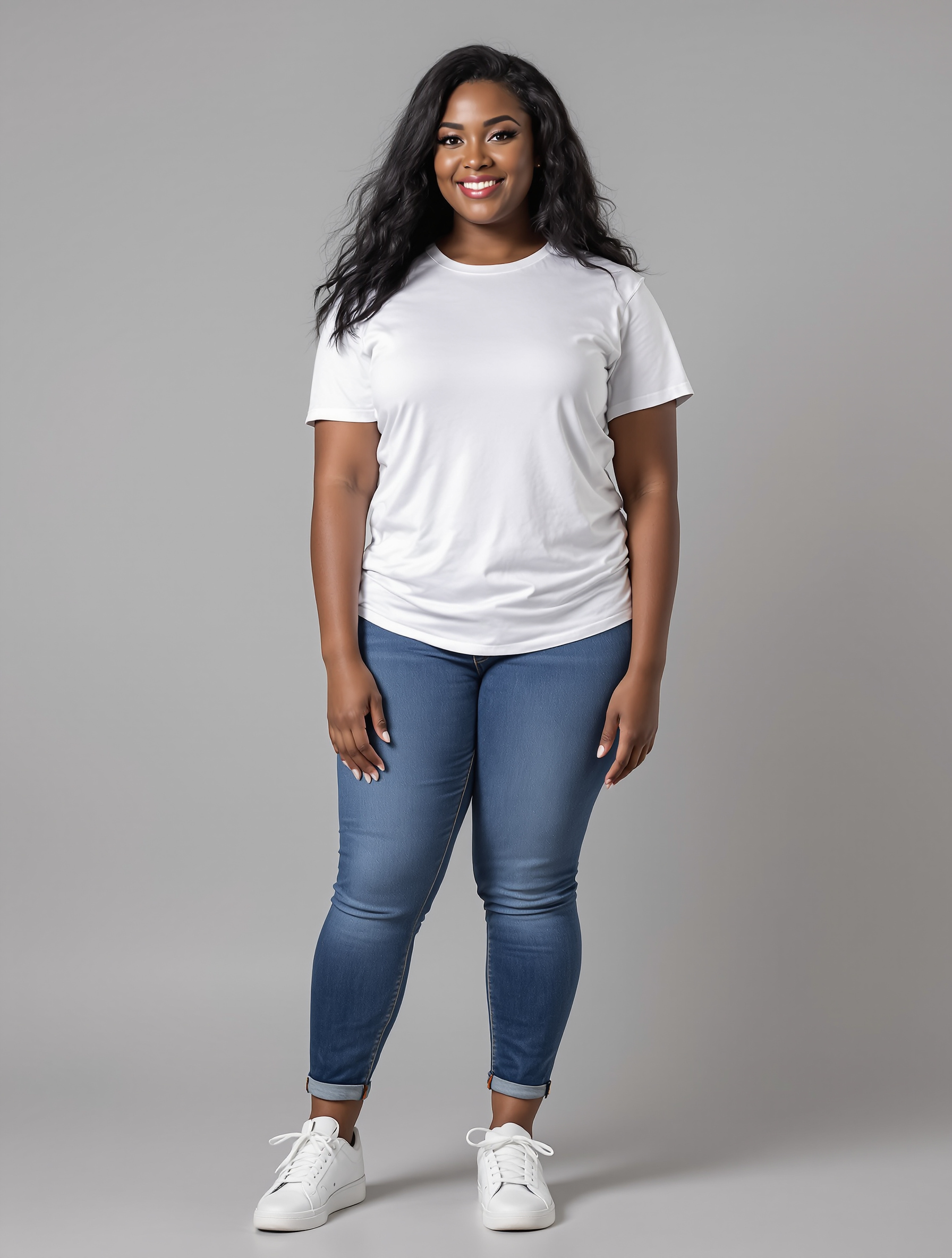Woman in white t-shirt and blue jeans with white sneakers