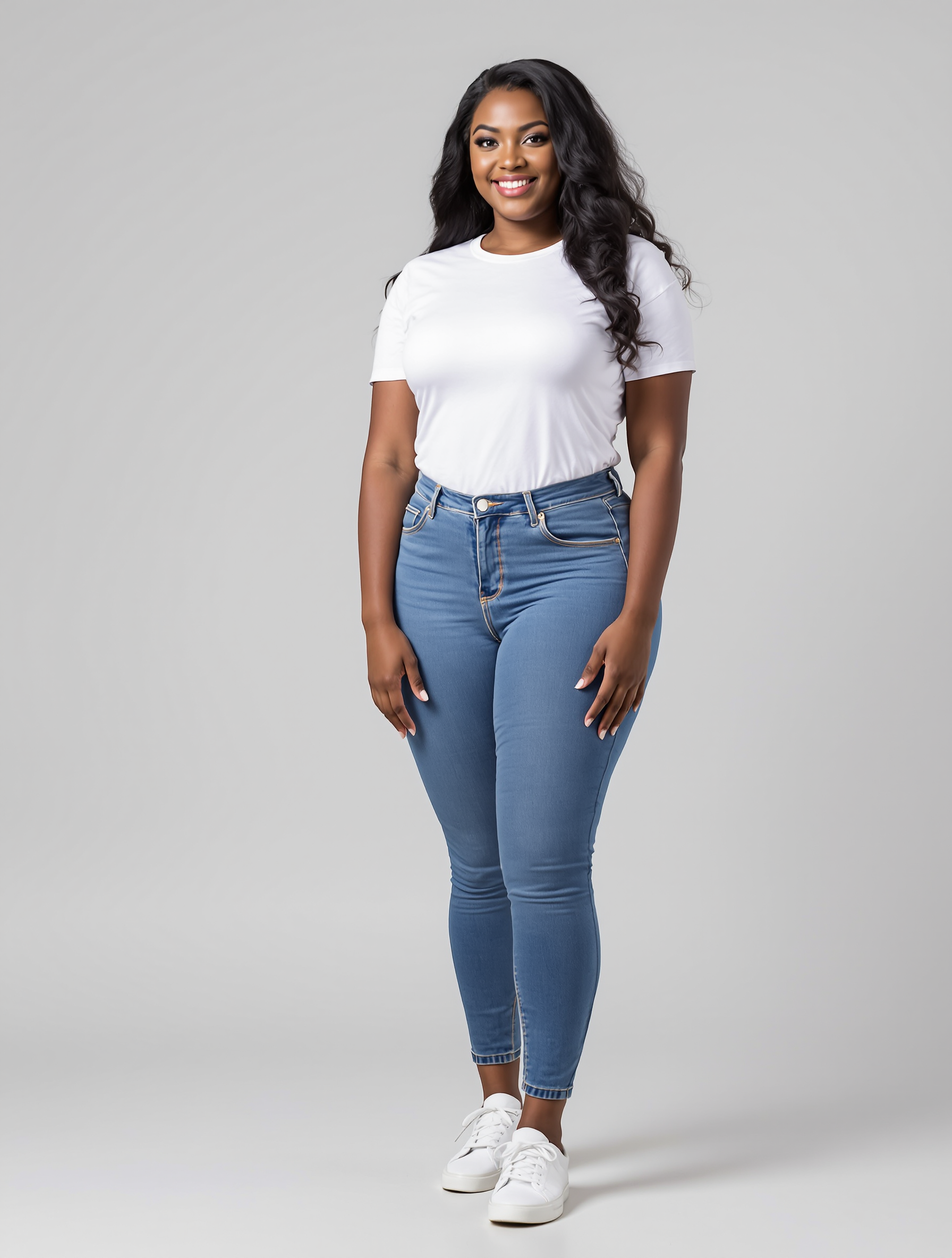 Woman in white tee and blue skinny jeans with white sneakers