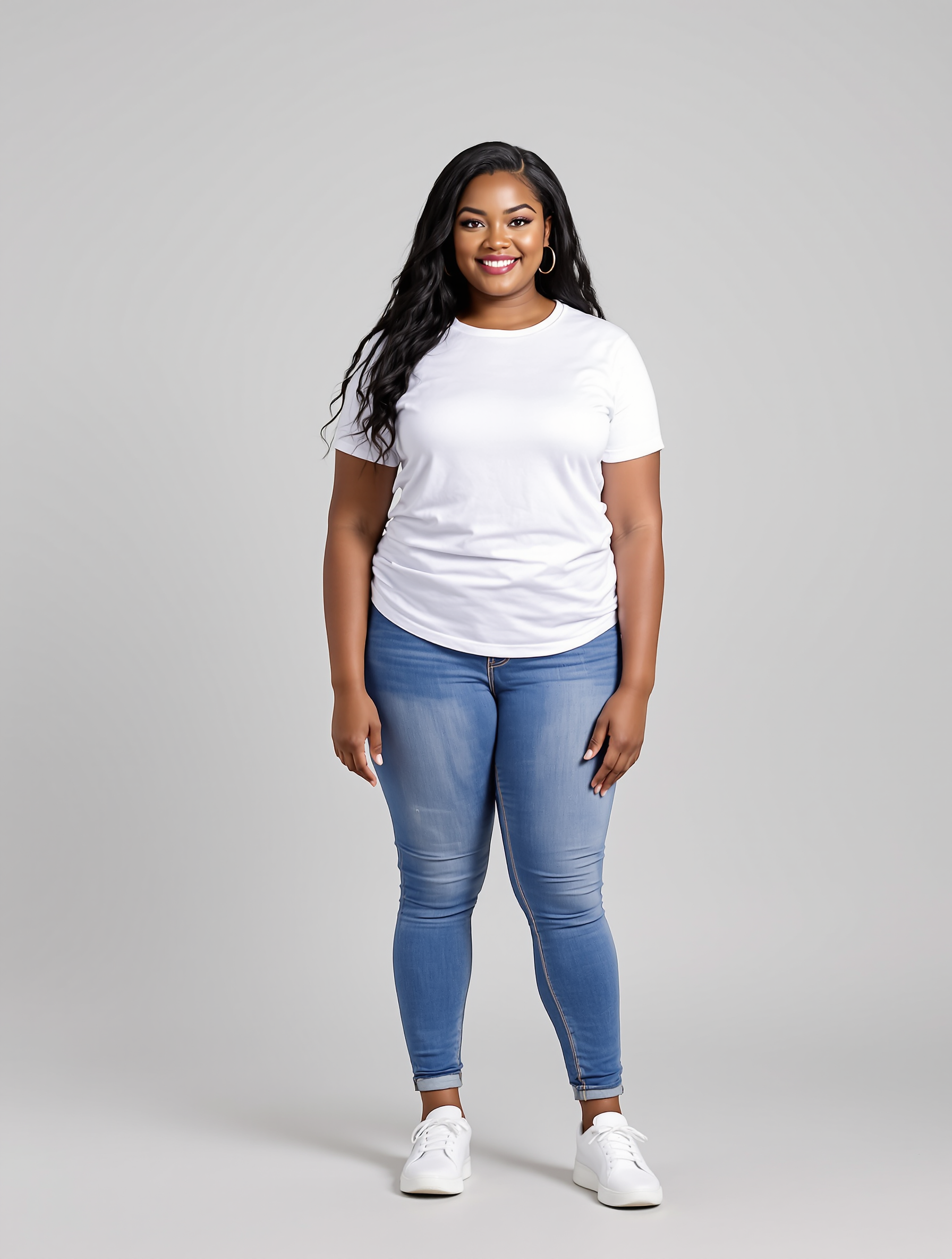 Woman in white t-shirt and blue jeans standing against neutral background