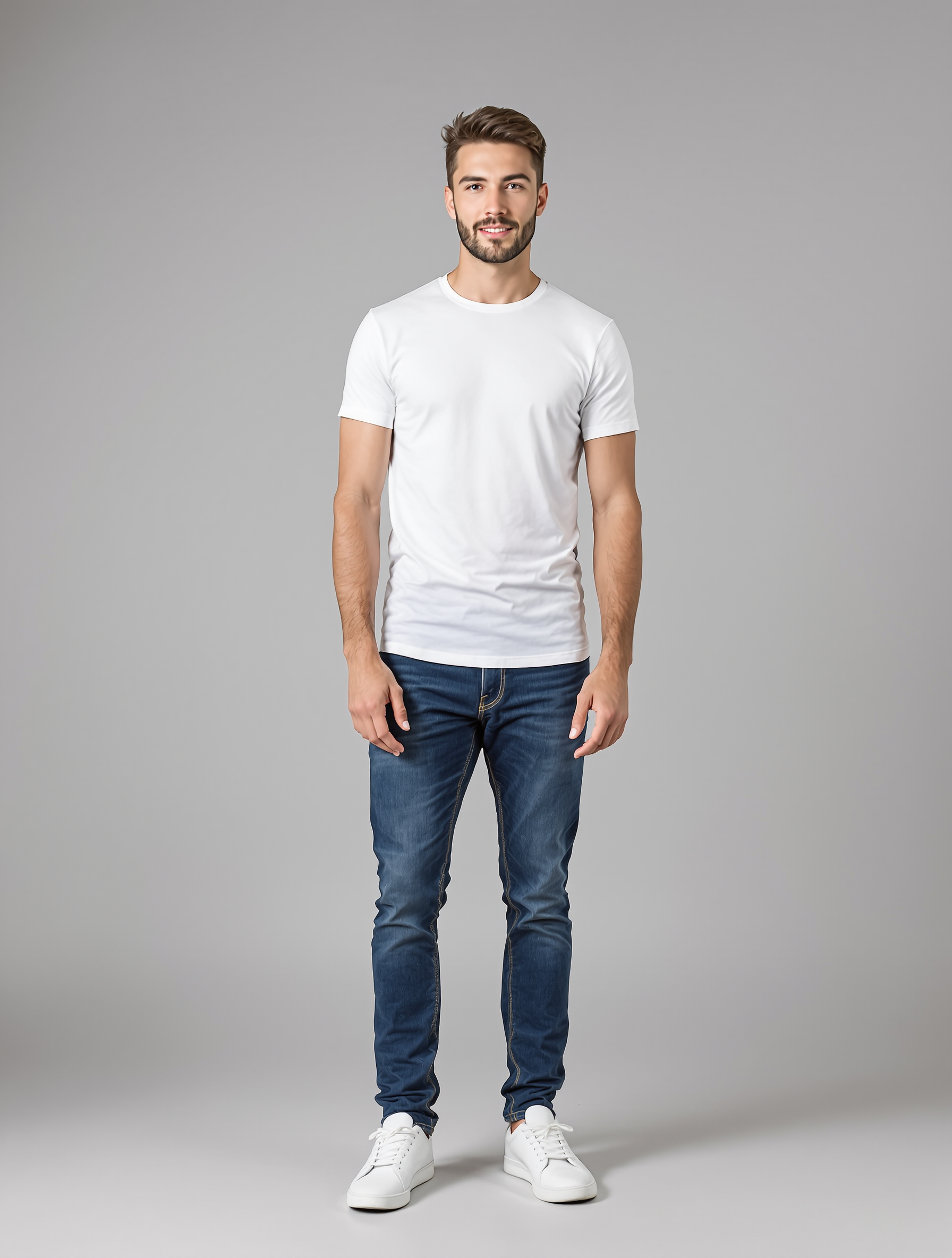 Man in white t-shirt and dark jeans with white sneakers