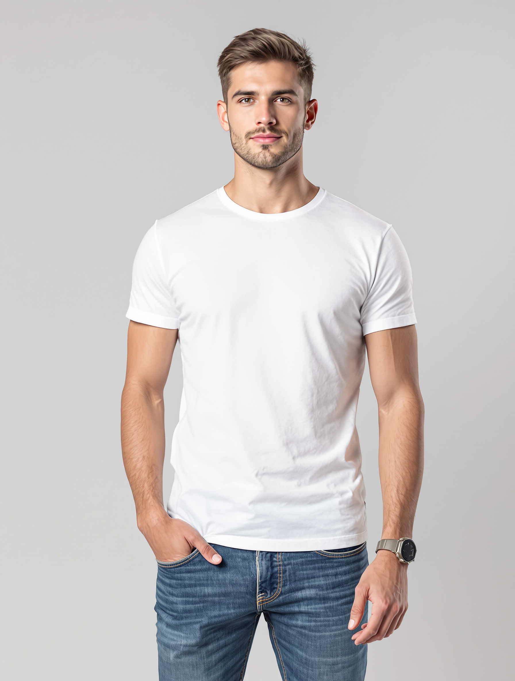 Man in white crew neck t-shirt and blue jeans with watch