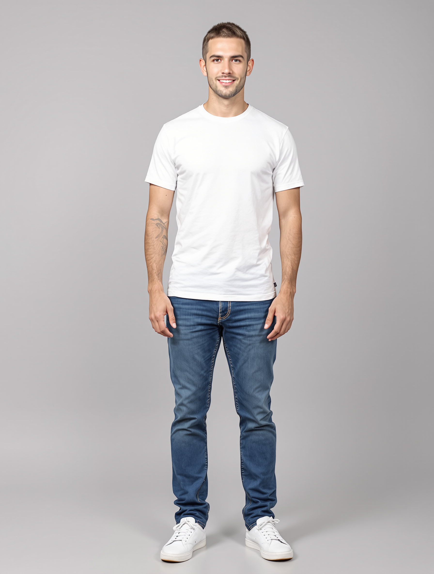 Man in white t-shirt and blue jeans with white sneakers