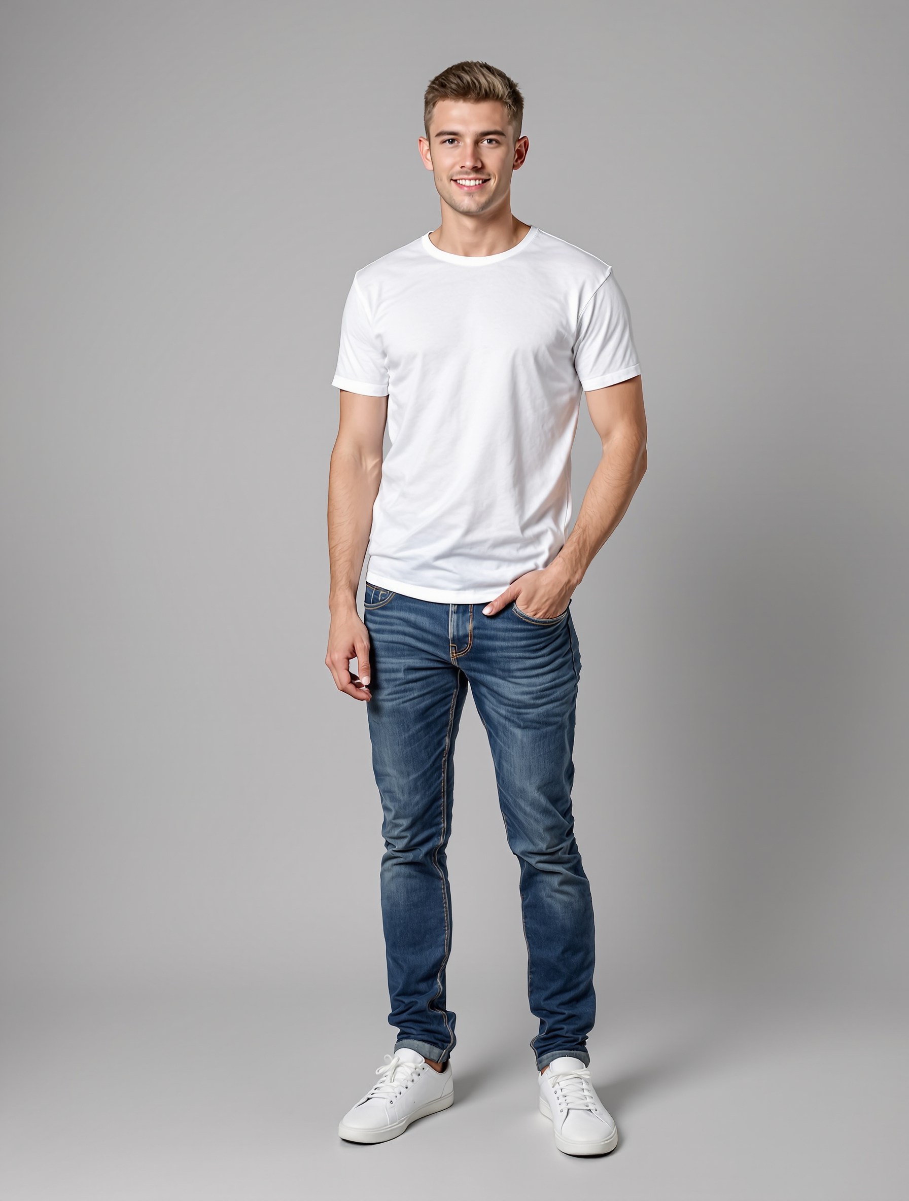 Man in white t-shirt and blue jeans with white sneakers